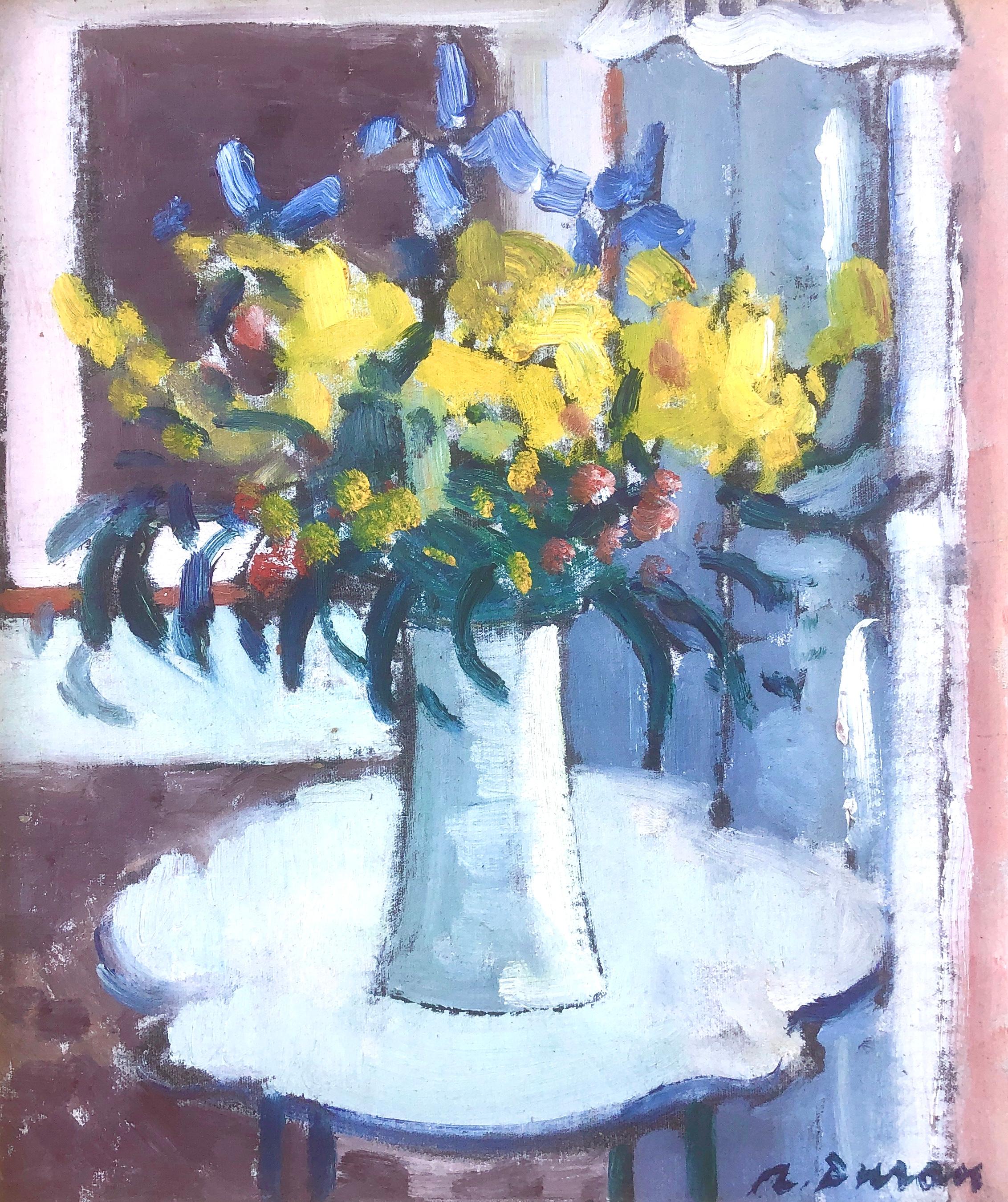 Rafael Duran Benet Interior Painting – Blumenstillleben Öl auf Karton Gemälde