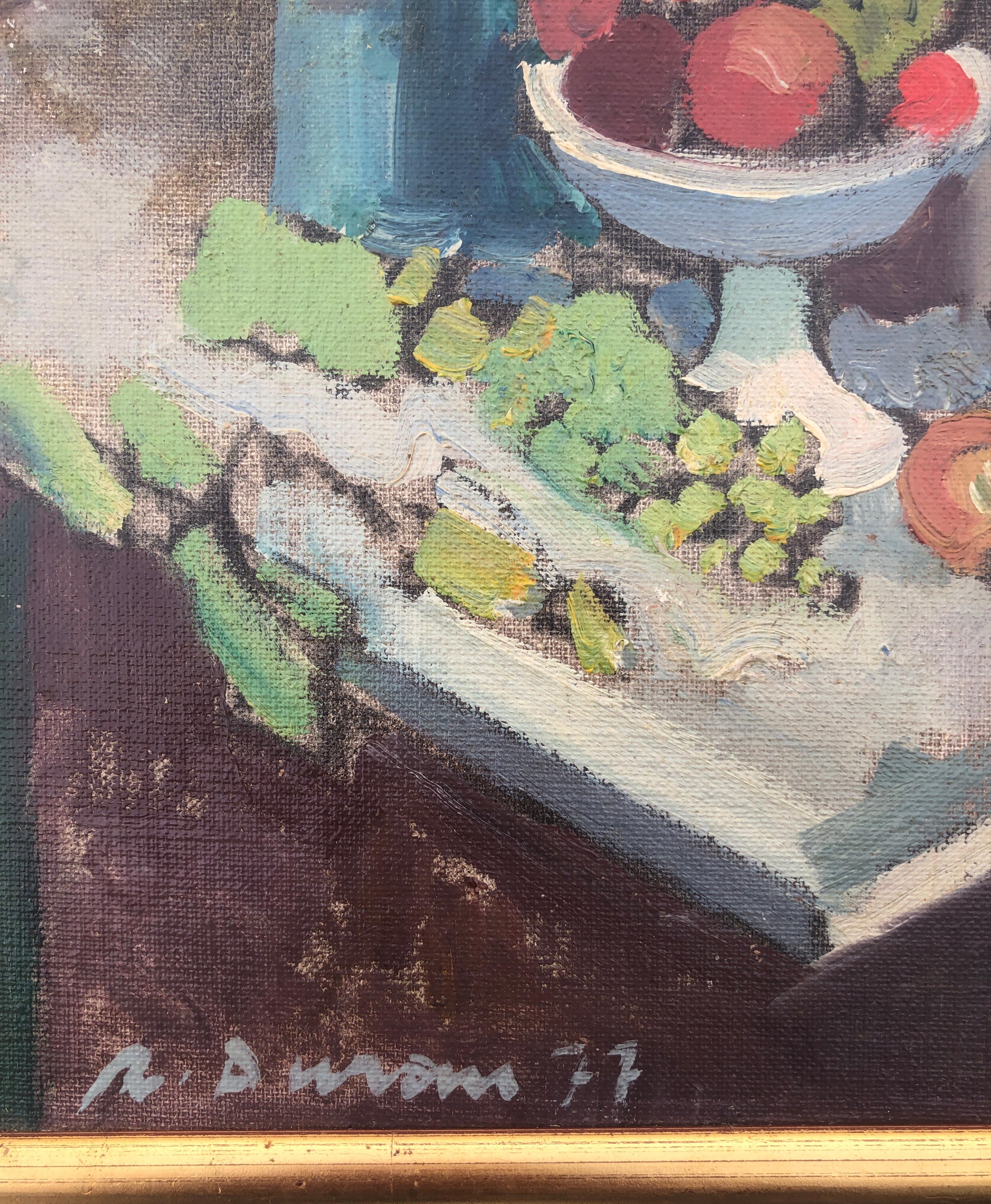 Stillleben Ölgemälde Blumen- und Früchteflasche (Post-Impressionismus), Painting, von Rafael Duran Benet