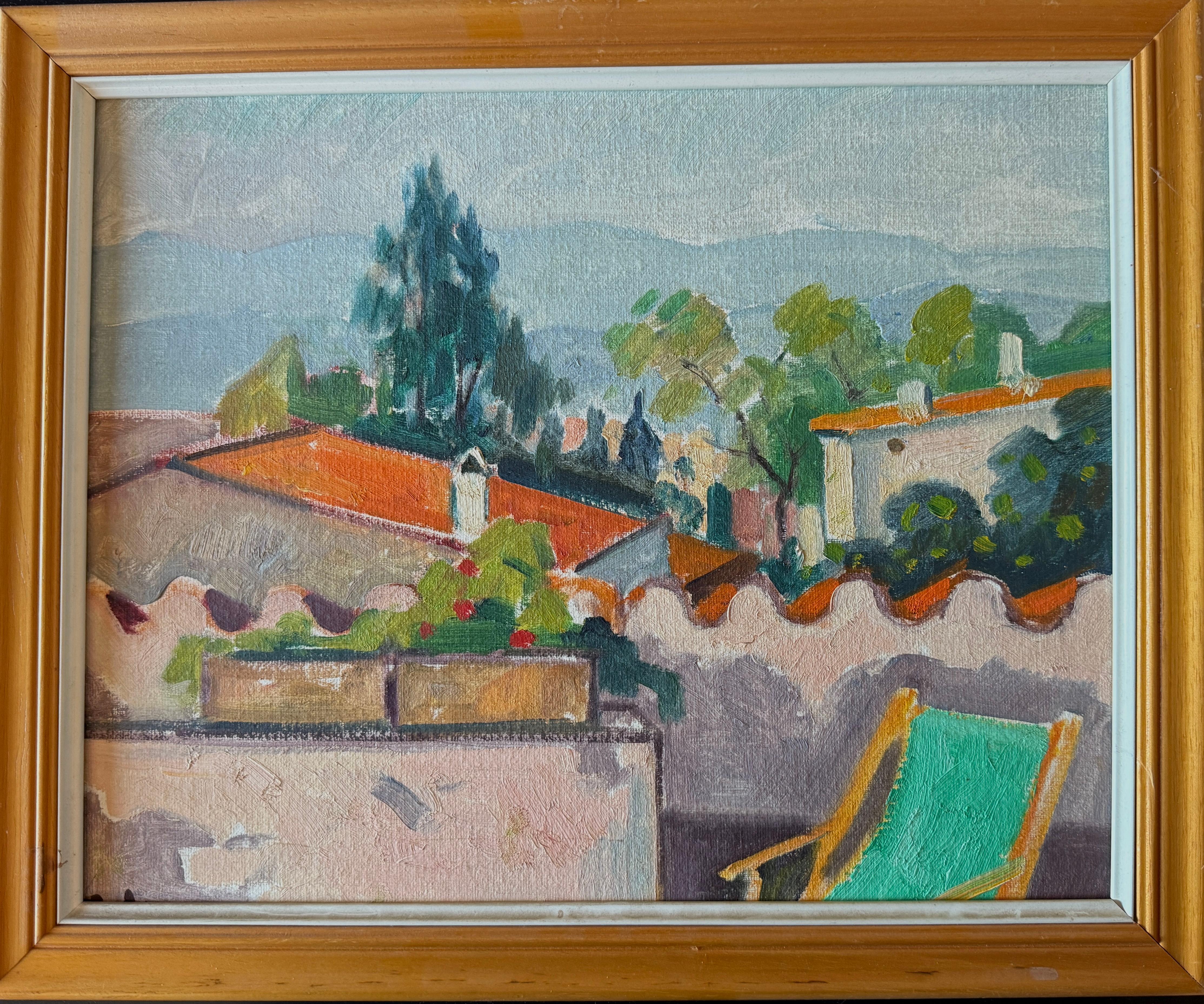 Terraza con silla verde óleo España mediterráneo - Painting de Rafael Duran Benet