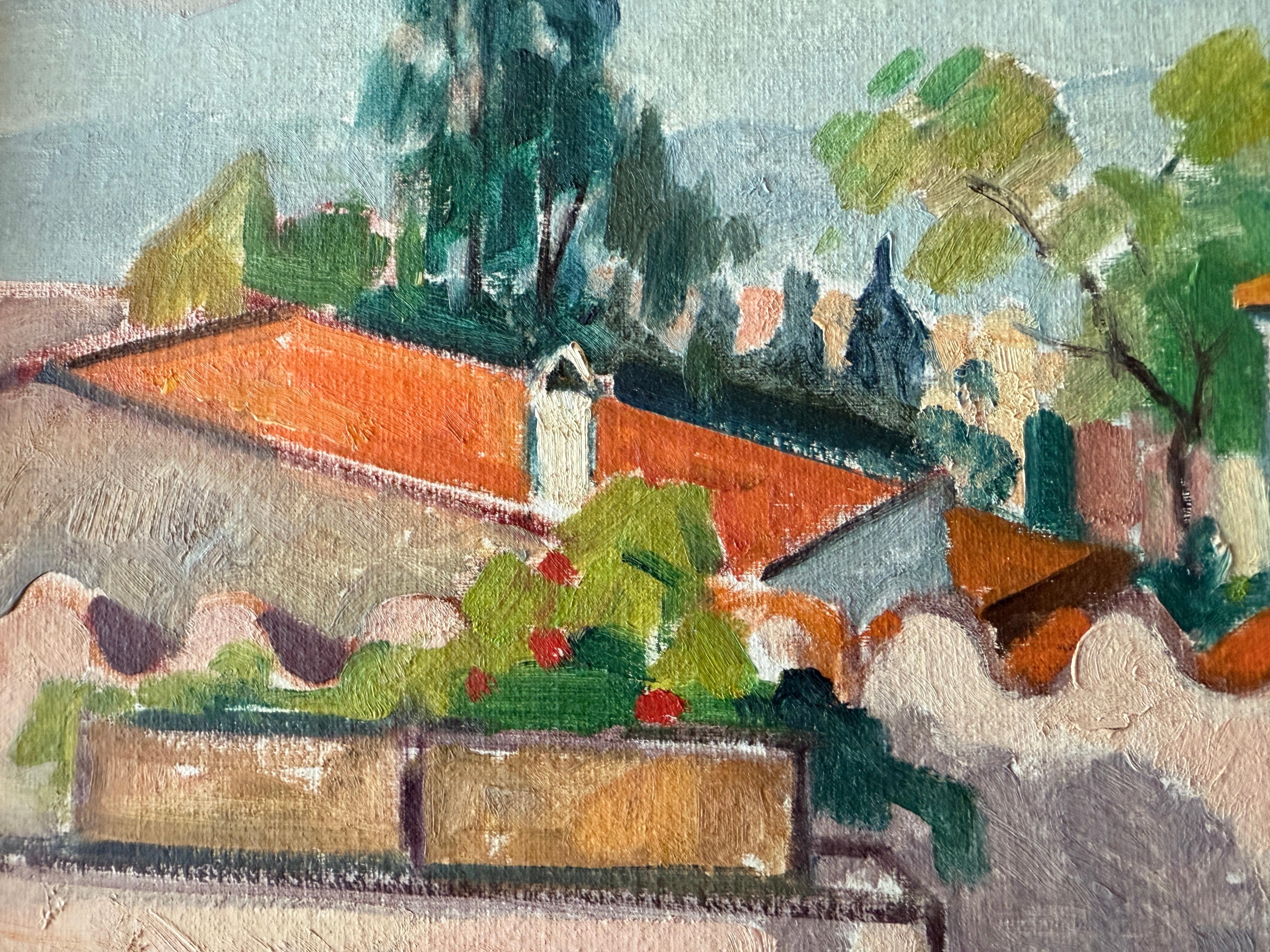 Terraza con silla verde óleo España mediterráneo - Landscape Painting Gris de Rafael Duran Benet