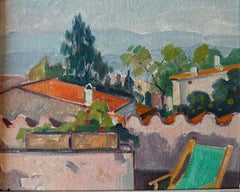 Terrasse avec chaise verte peinture à l
huile Espagne méditerranéenne