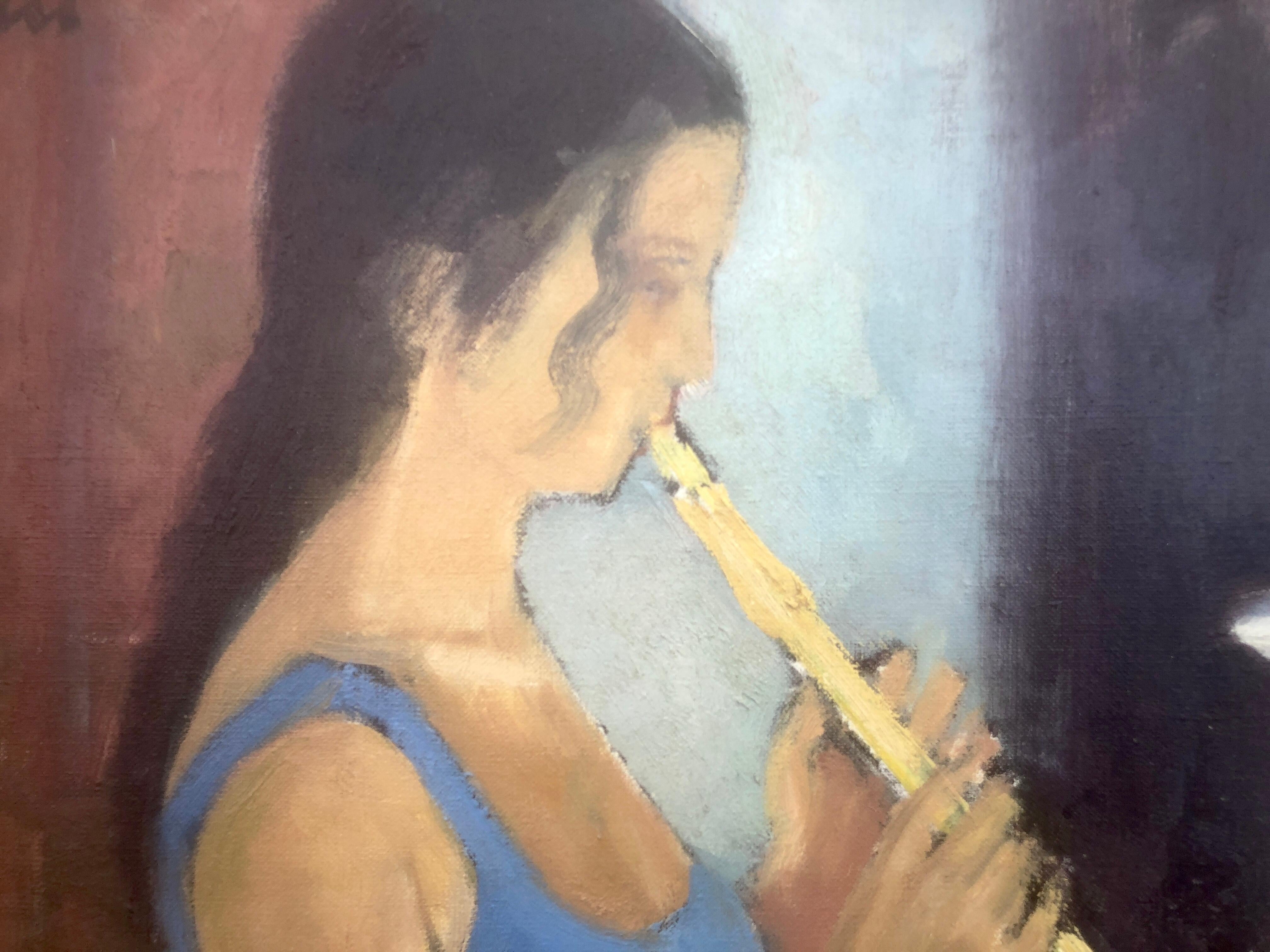 The flutist and the pianist oil on canvas painting - Post-Impressionist Painting by Rafael Duran Benet
