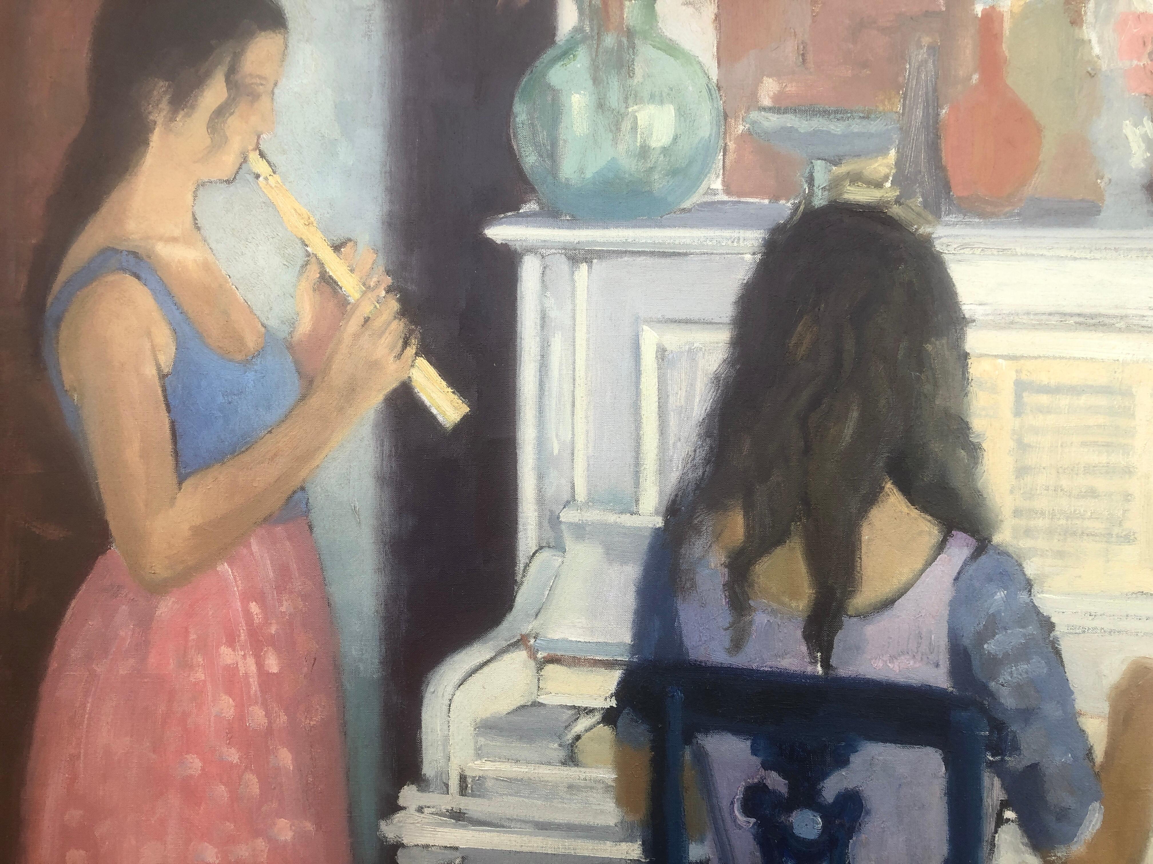 The flutist and the pianist oil on canvas painting For Sale 3