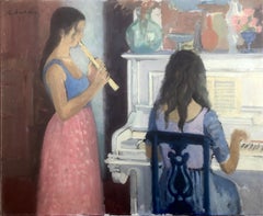 Vintage The flutist and the pianist oil on canvas painting