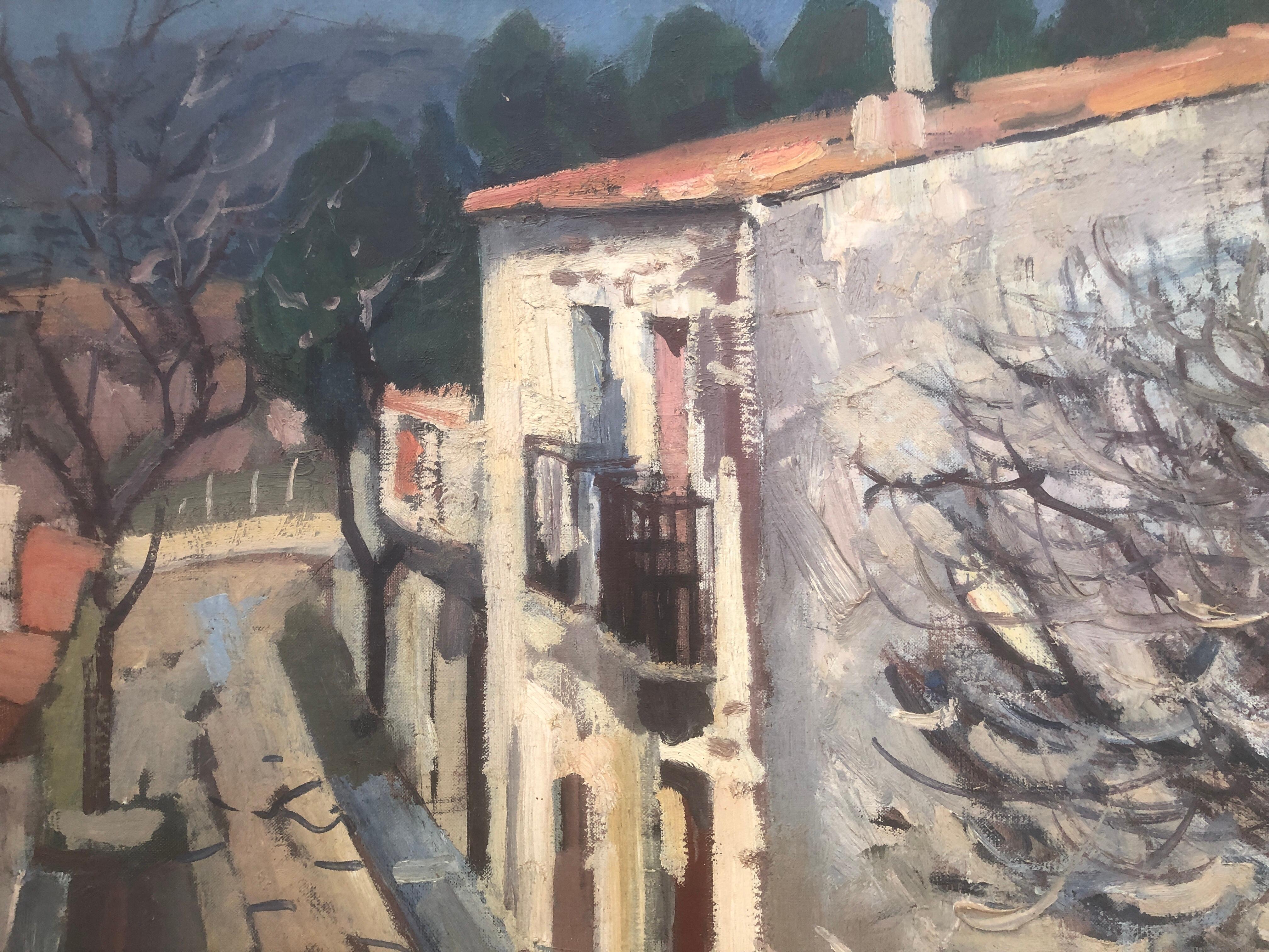 Town Spanish landscape oil on canvas painting Spain mediterranean For Sale 3