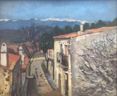Vintage Town Spanish landscape oil on canvas painting Spain mediterranean