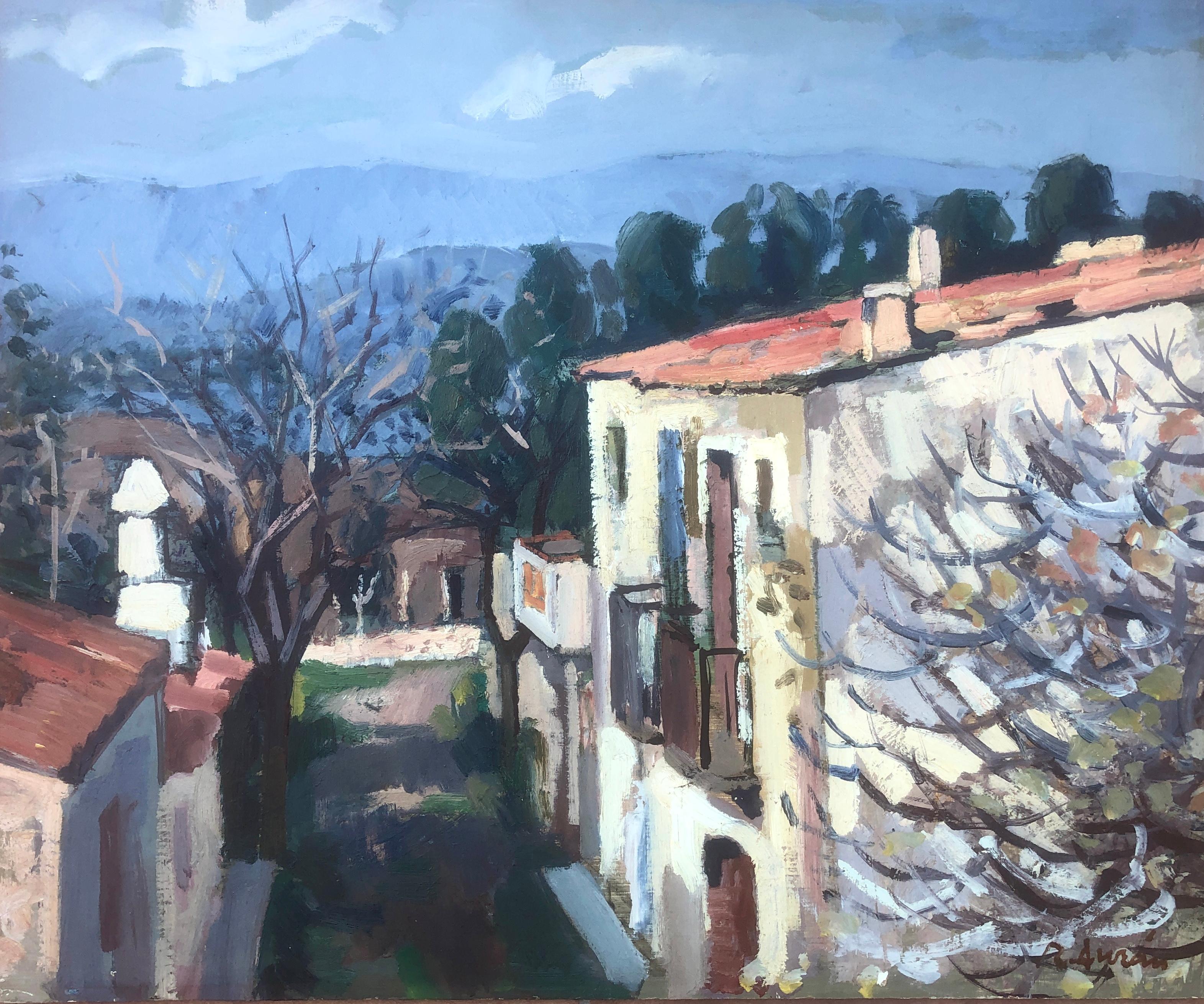 Rafael Duran Benet Landscape Painting - View of Spanish town Spain oil on board painting landscape