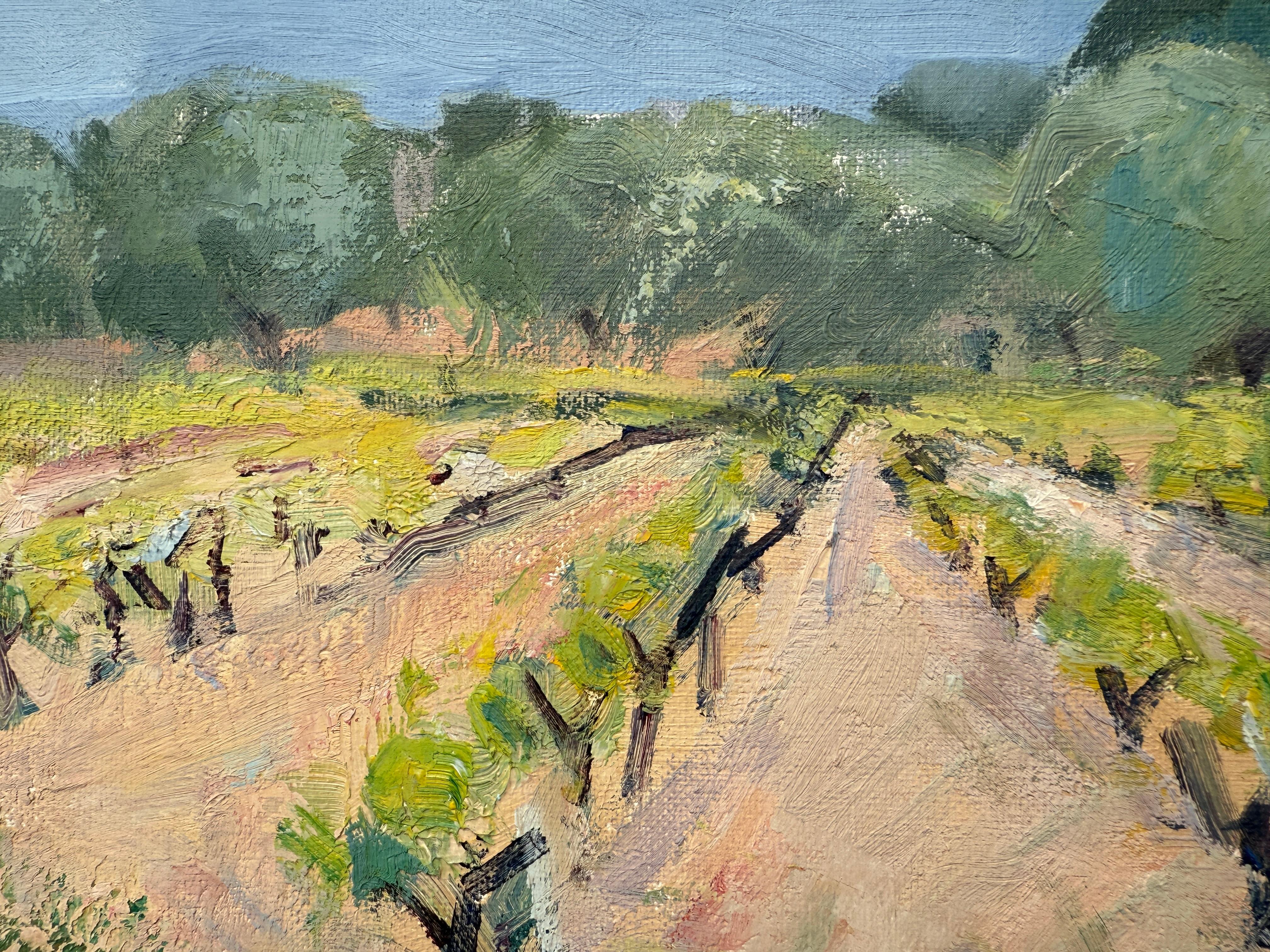 Vineyard Landscape with Distant Mountains, peinture à l'huile Espagne Europe - Gris Landscape Painting par Rafael Duran Benet