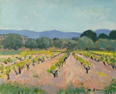 Vineyard Landscape with Distant Mountains, peinture à l'huile Espagne Europe
