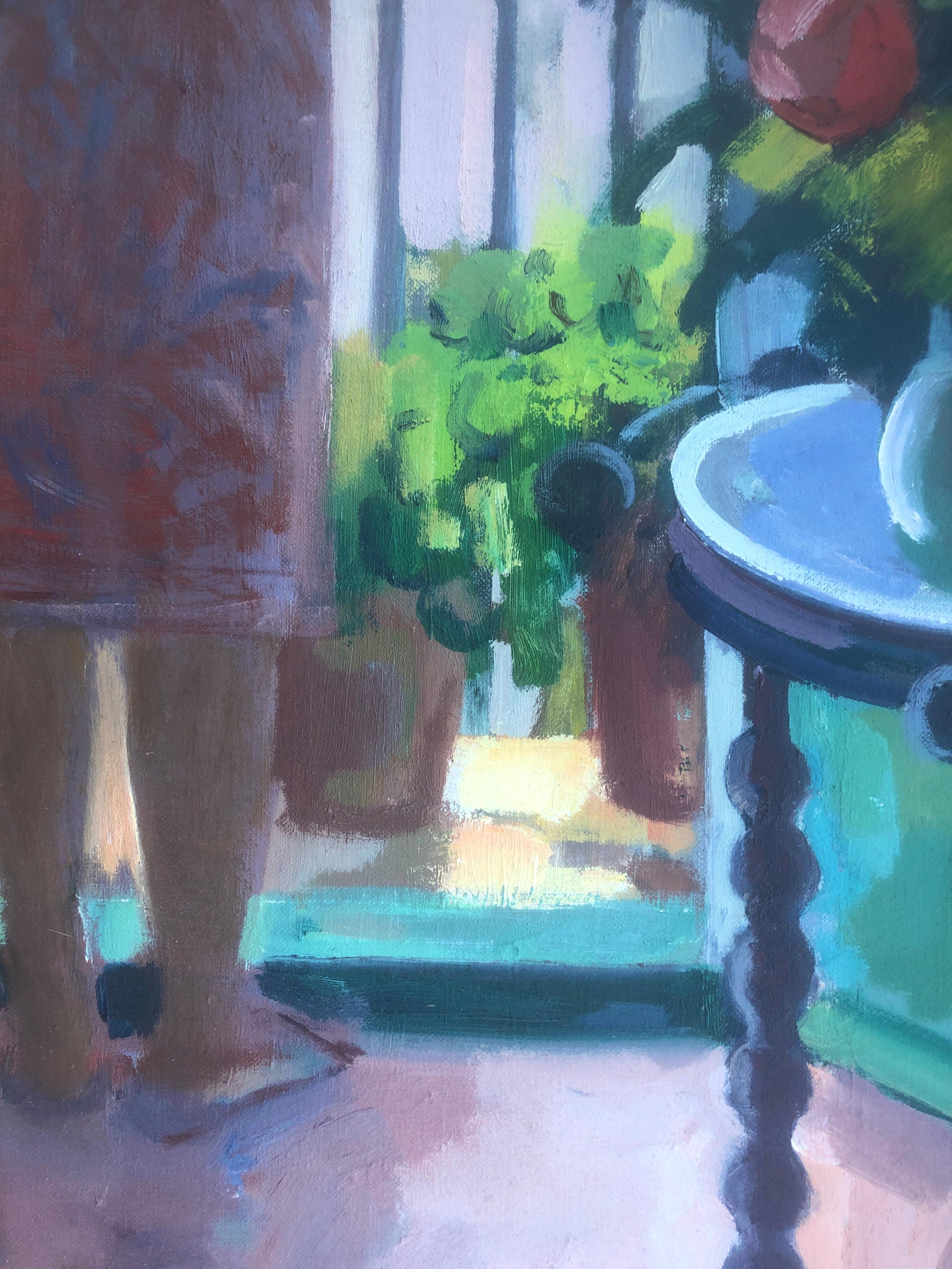 Woman on the balcony, huile sur toile, peinture espagnole - Post-impressionnisme Painting par Rafael Duran Benet