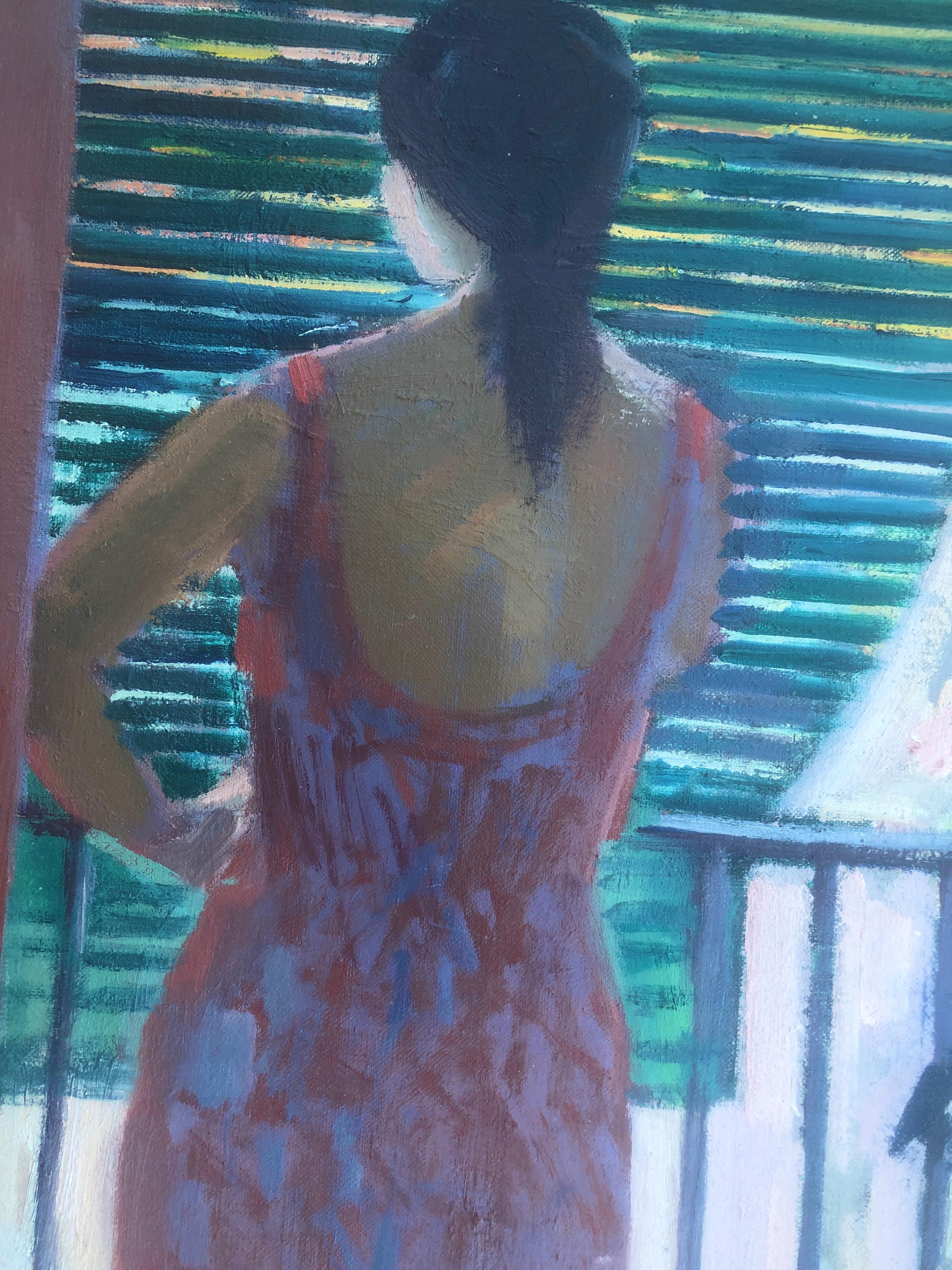 Frau auf dem Balkon Öl auf Leinwand Gemälde Spanisch im Angebot 1