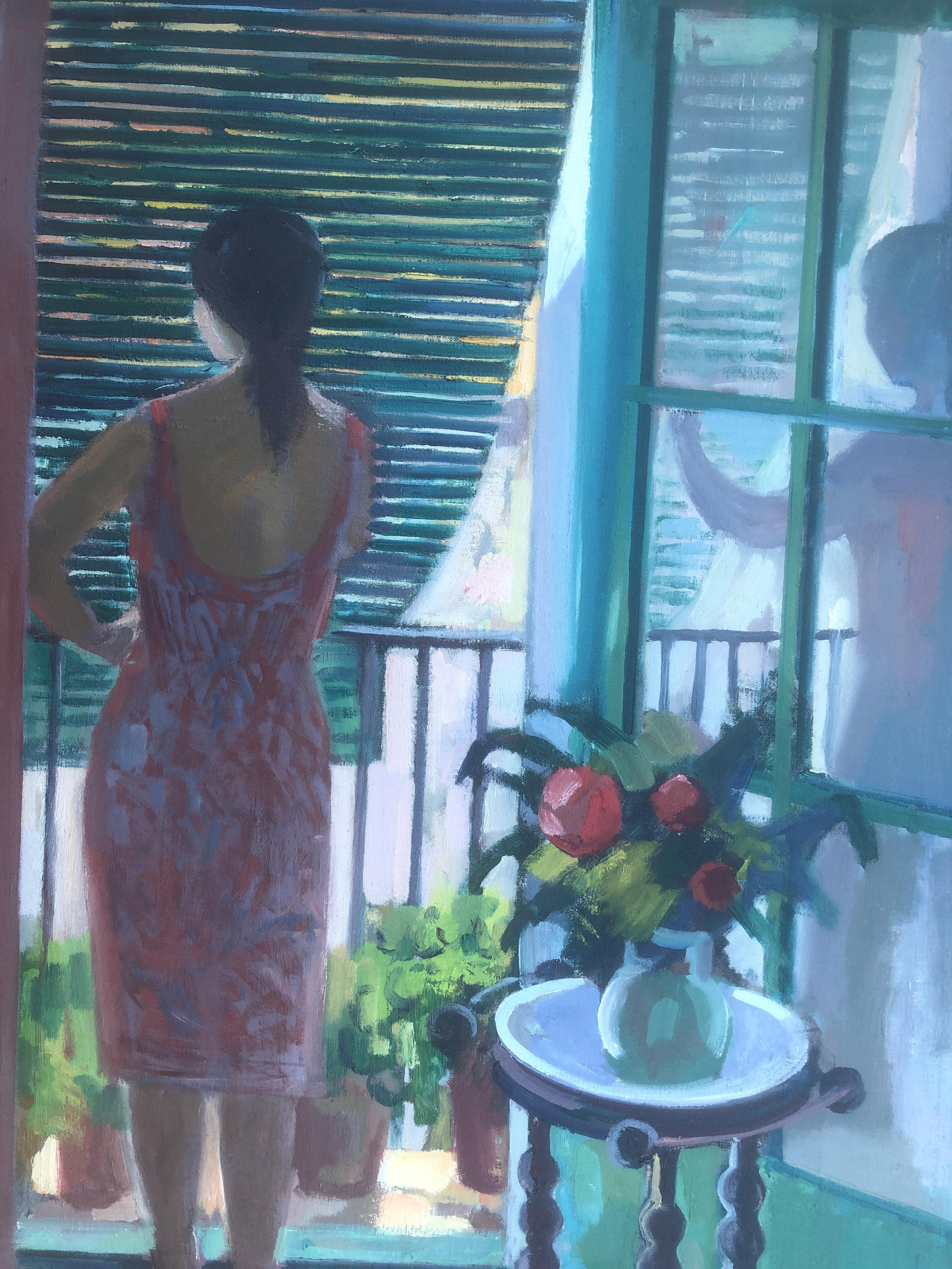 Frau auf dem Balkon Öl auf Leinwand Gemälde Spanisch im Angebot 3