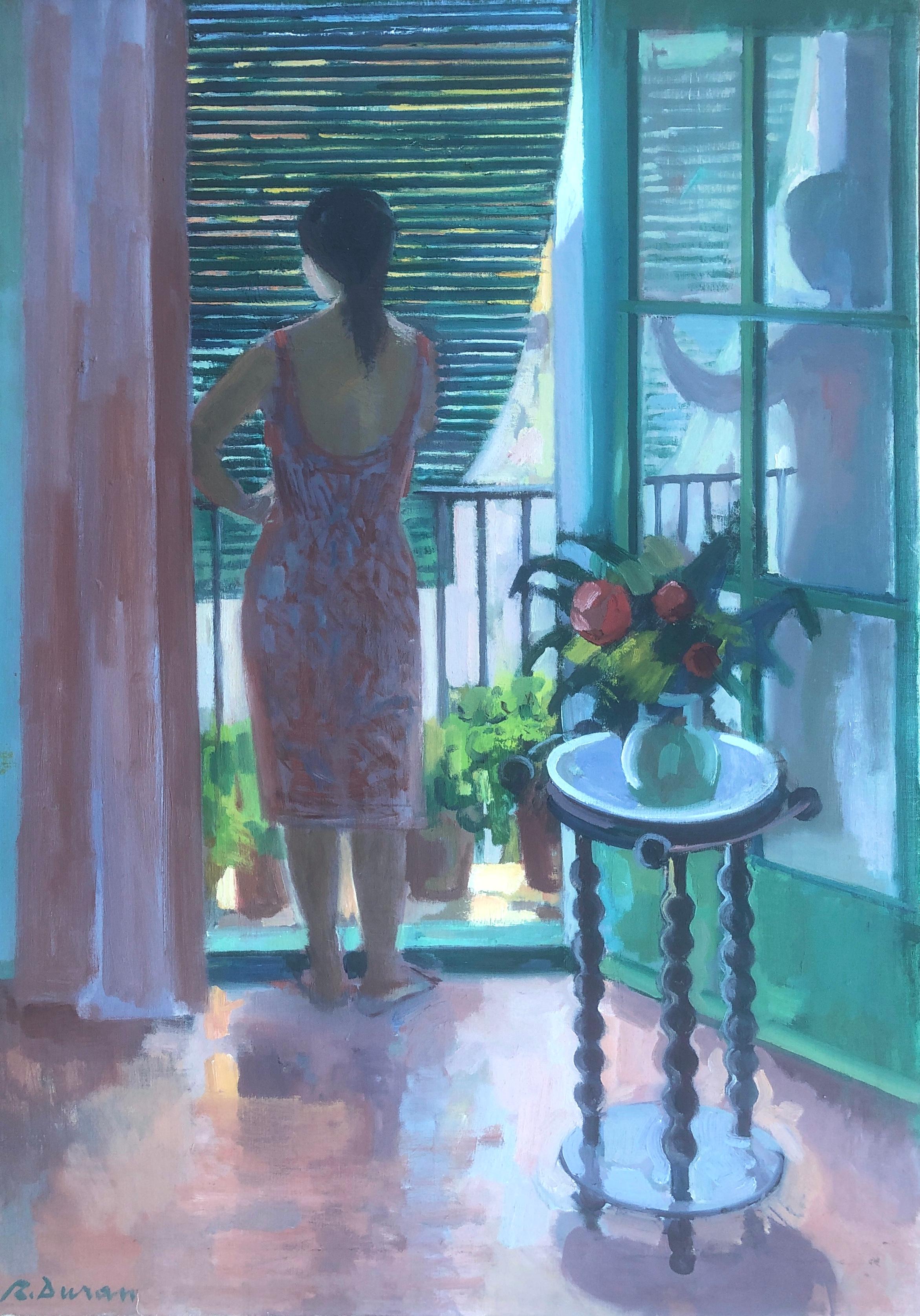 Woman on the balcony oil on canvas painting spanish