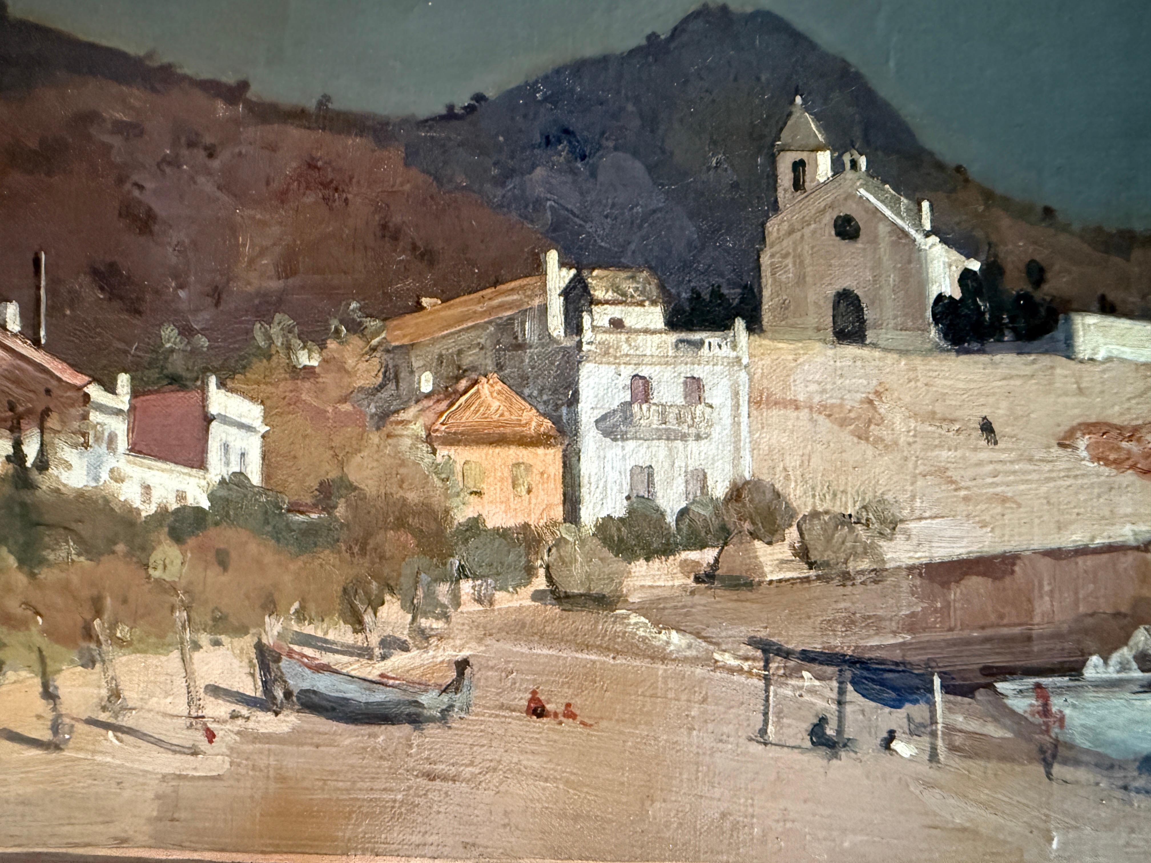 Sitges Espagne huile sur toile peinture art méditerranéen paysage marin espagnol - Gris Landscape Painting par Rafael Durancamps