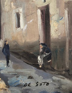 Village Street Oil on Canvas Painting, Spanish Urbanscape, 41x33 cm