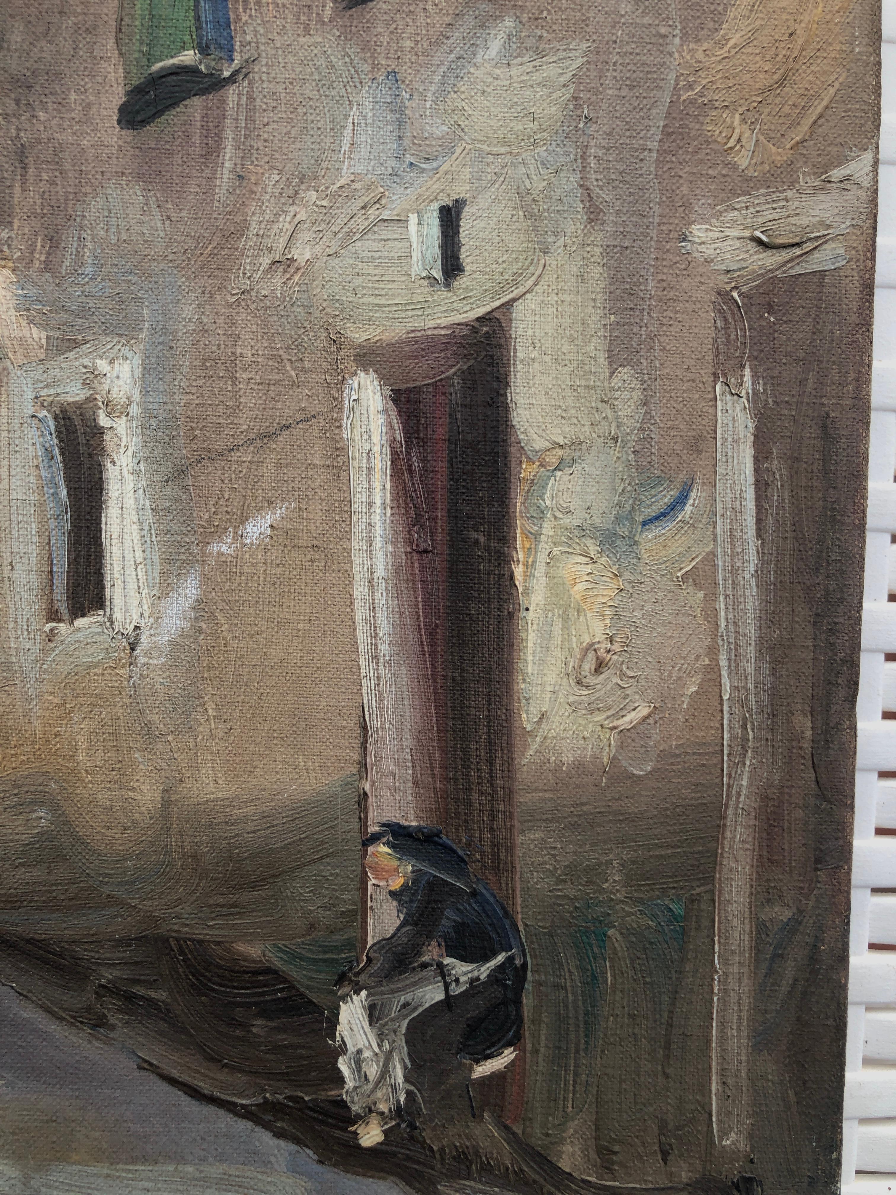 Spanish town street oil on canvas painting Spain urbanscape - Gray Figurative Painting by Rafael Fernández de Soto