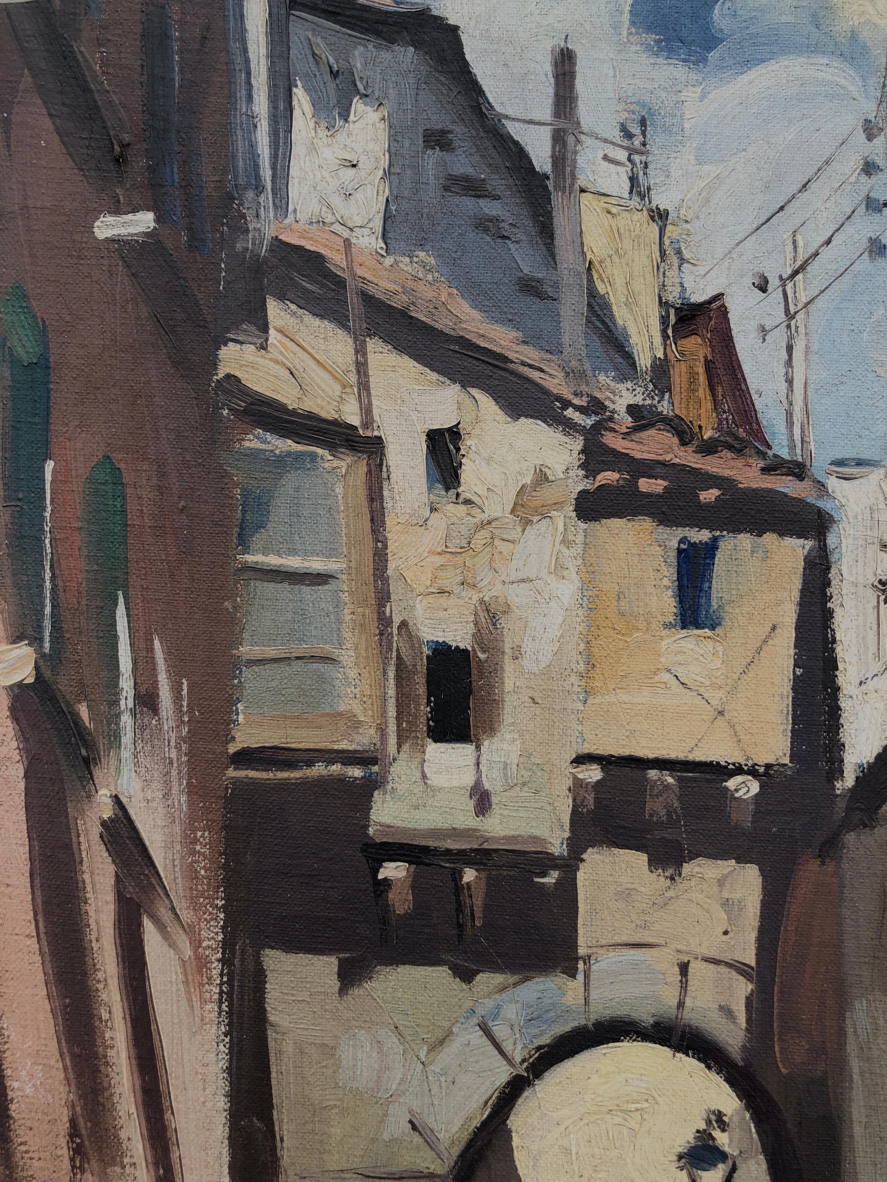 Spanish town street oil on canvas painting Spain urbanscape For Sale 1