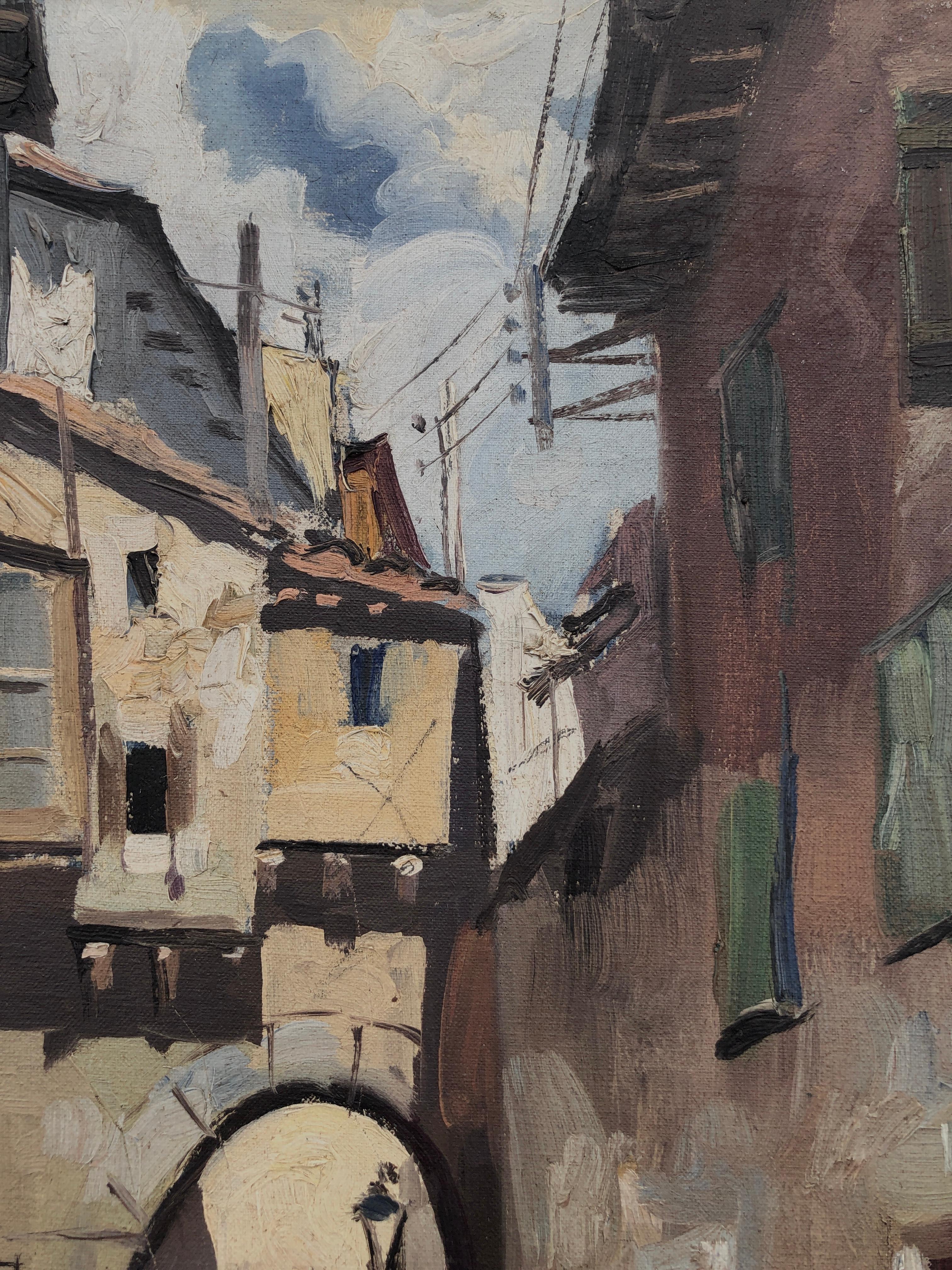 Spanish town street oil on canvas painting Spain urbanscape For Sale 2
