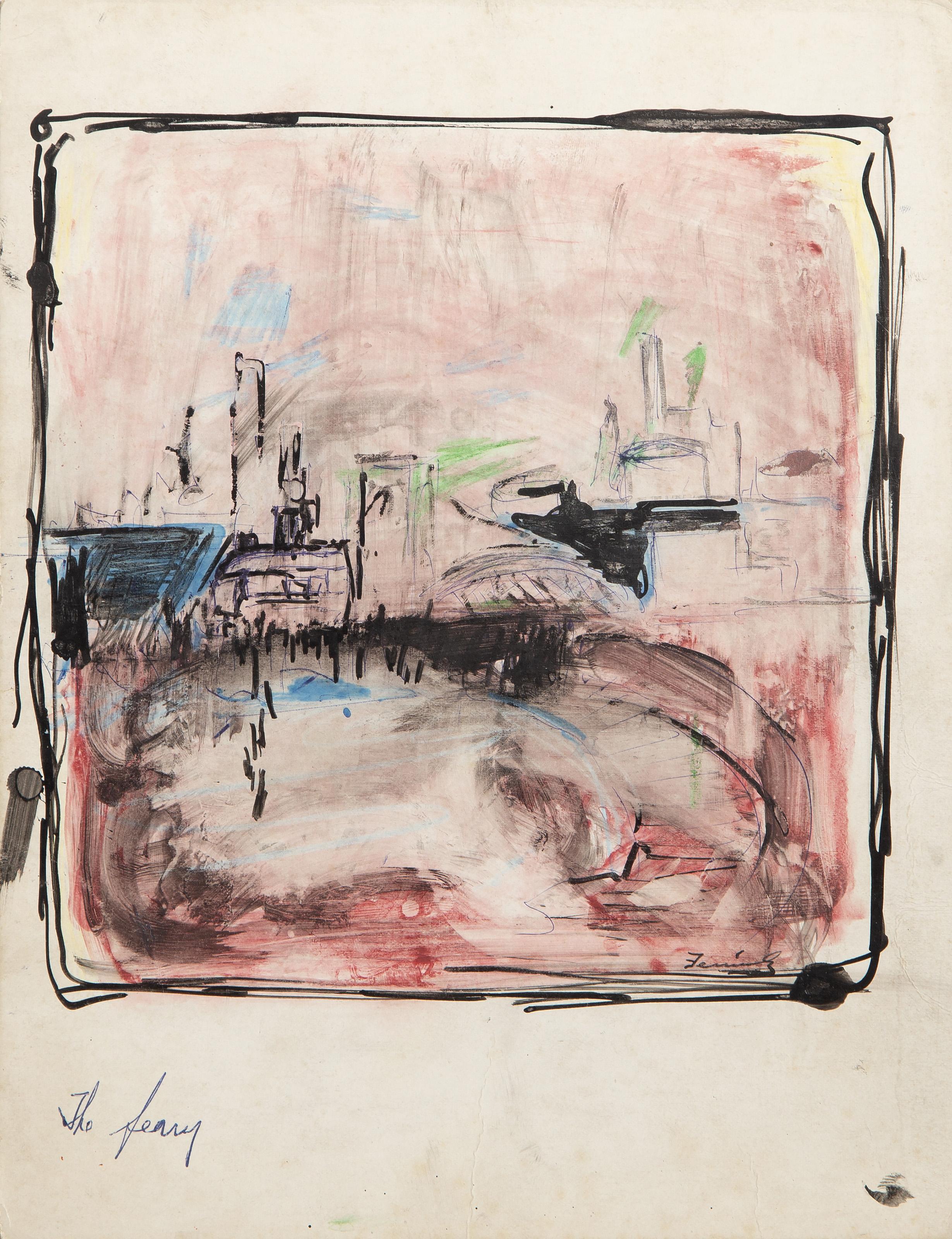 Landscape Painting di Rafa Fernandez - Il traghetto, Guazzo moderno su tavola di Rafael Fernandez