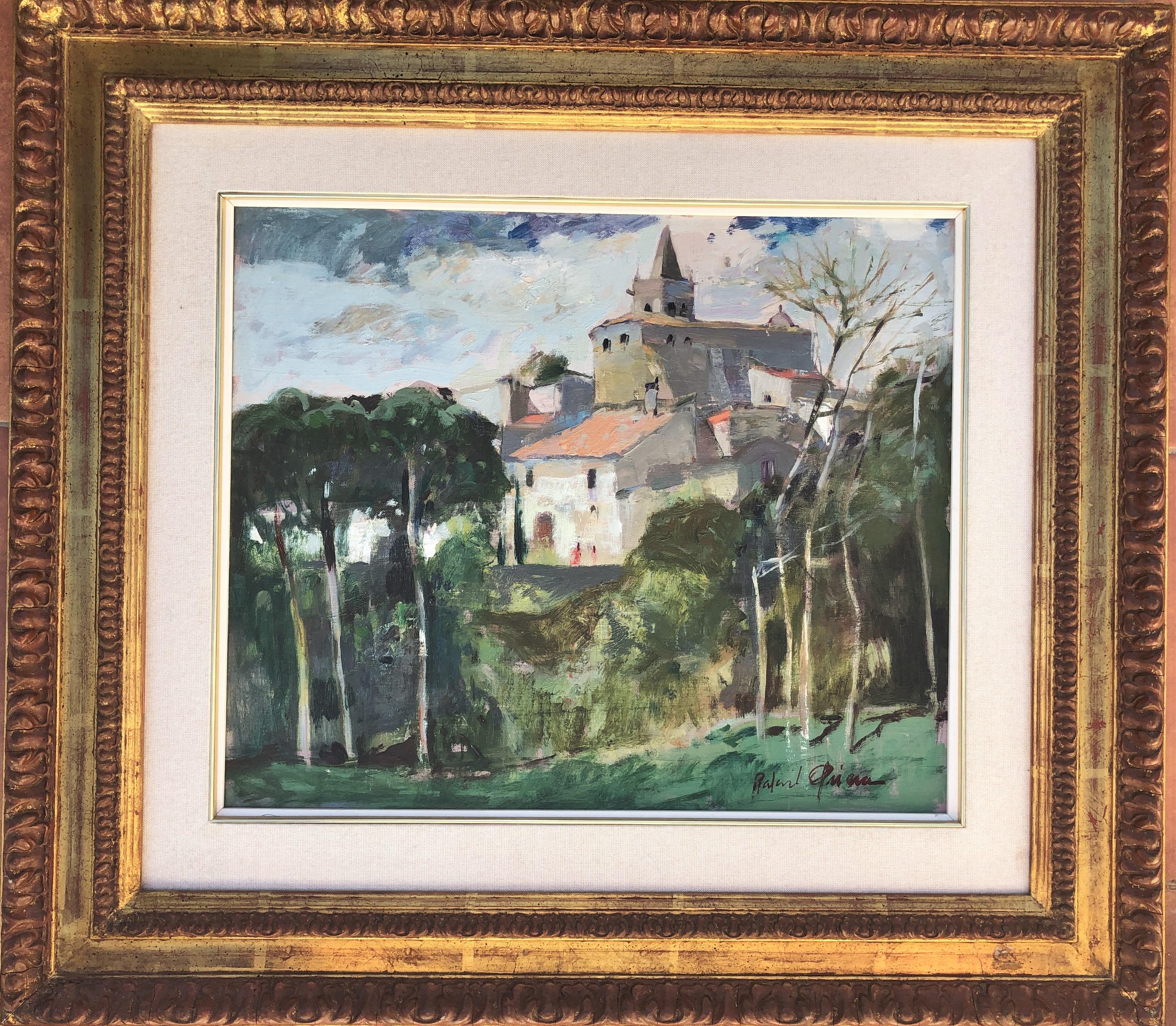 Landscape with castle oil on canvas painting - Painting by Rafael Griera Calderón