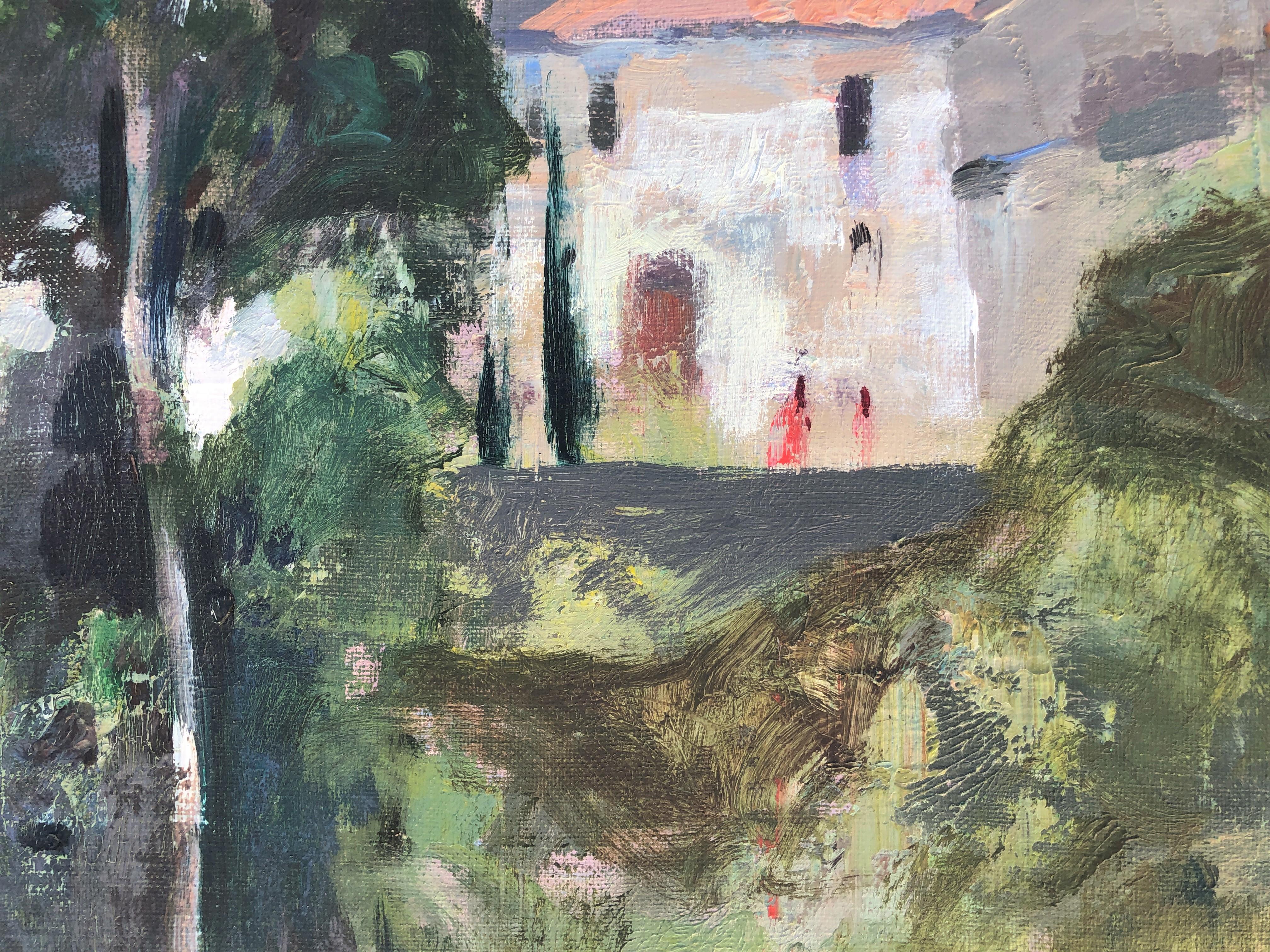 Paysage avec château peinture à l'huile sur toile - Gris Landscape Painting par Rafael Griera Calderón