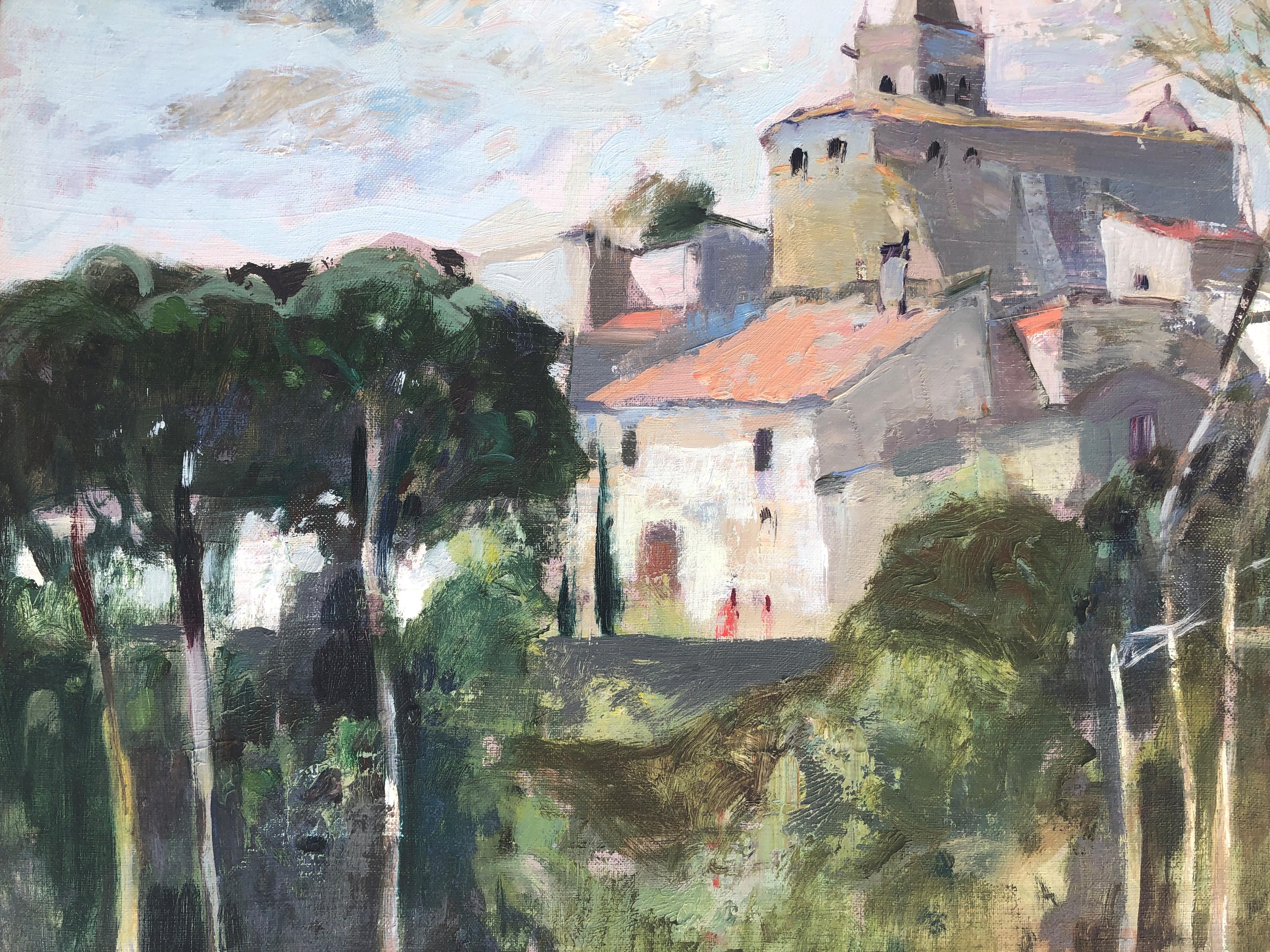 Landscape with castle oil on canvas painting - Gray Landscape Painting by Rafael Griera Calderón