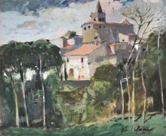 Vintage Landscape with castle oil on canvas painting