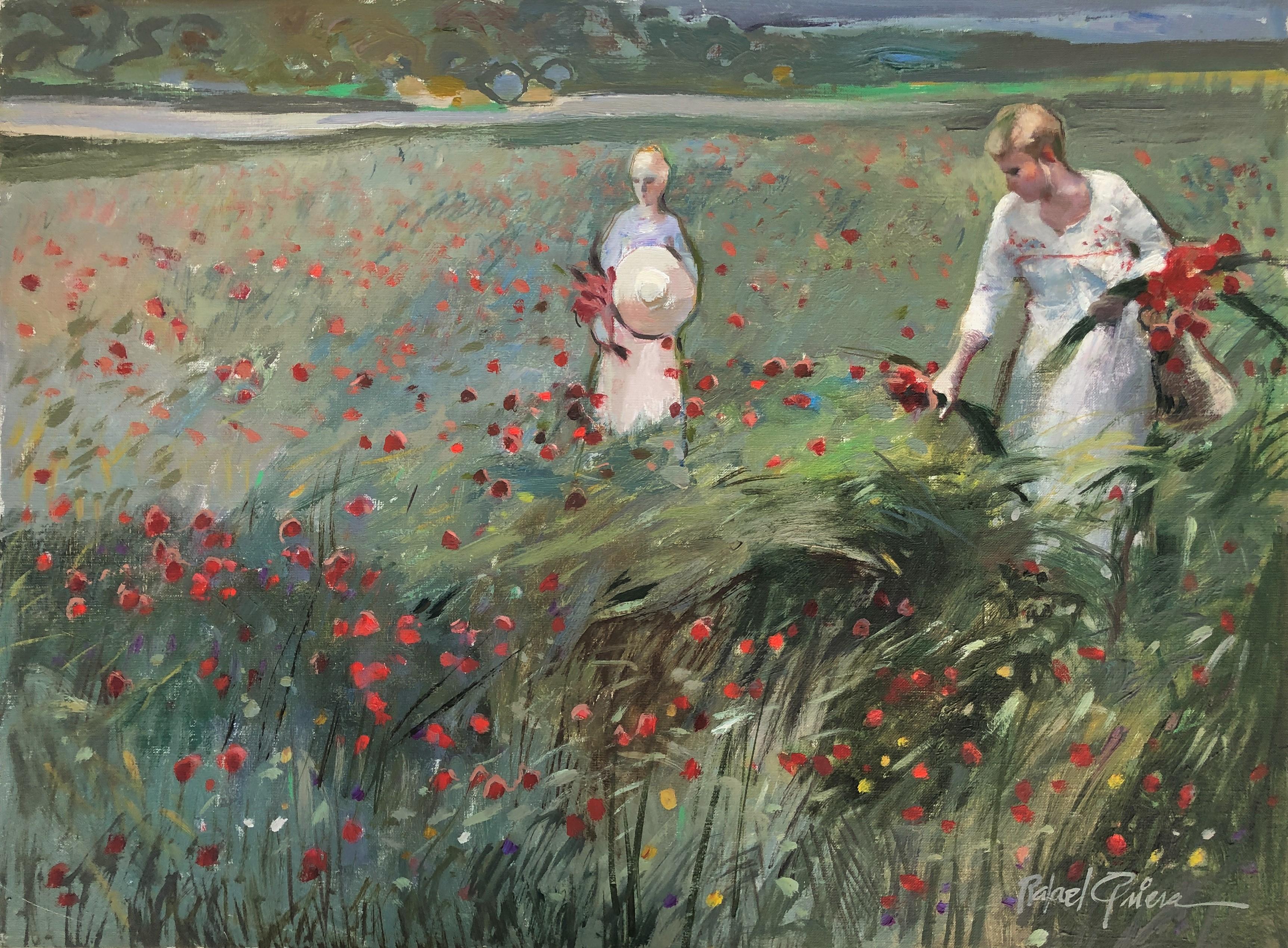 Women in flower field landscape oil on canvas painting