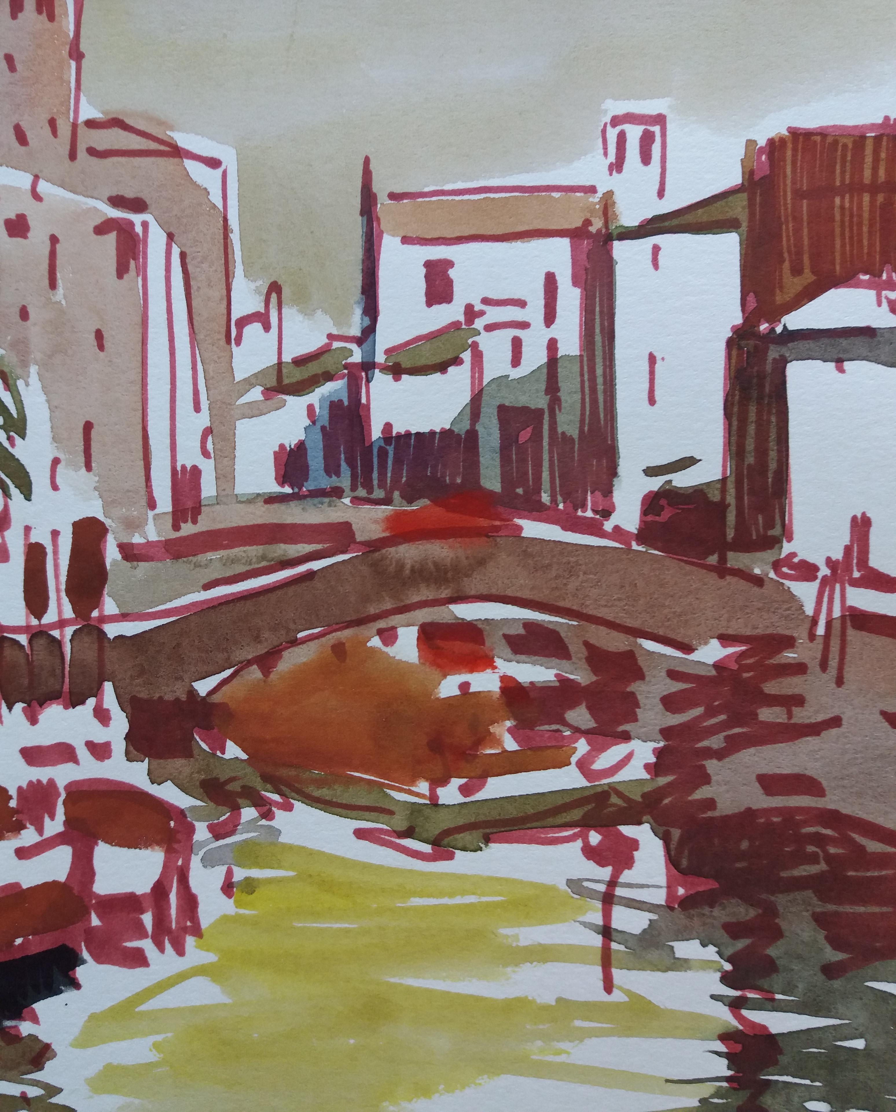 Rafael GRIERA   Venecia pintura expresionista original en acuarela - Landscape Painting Negro de RAFAEL GRIERA