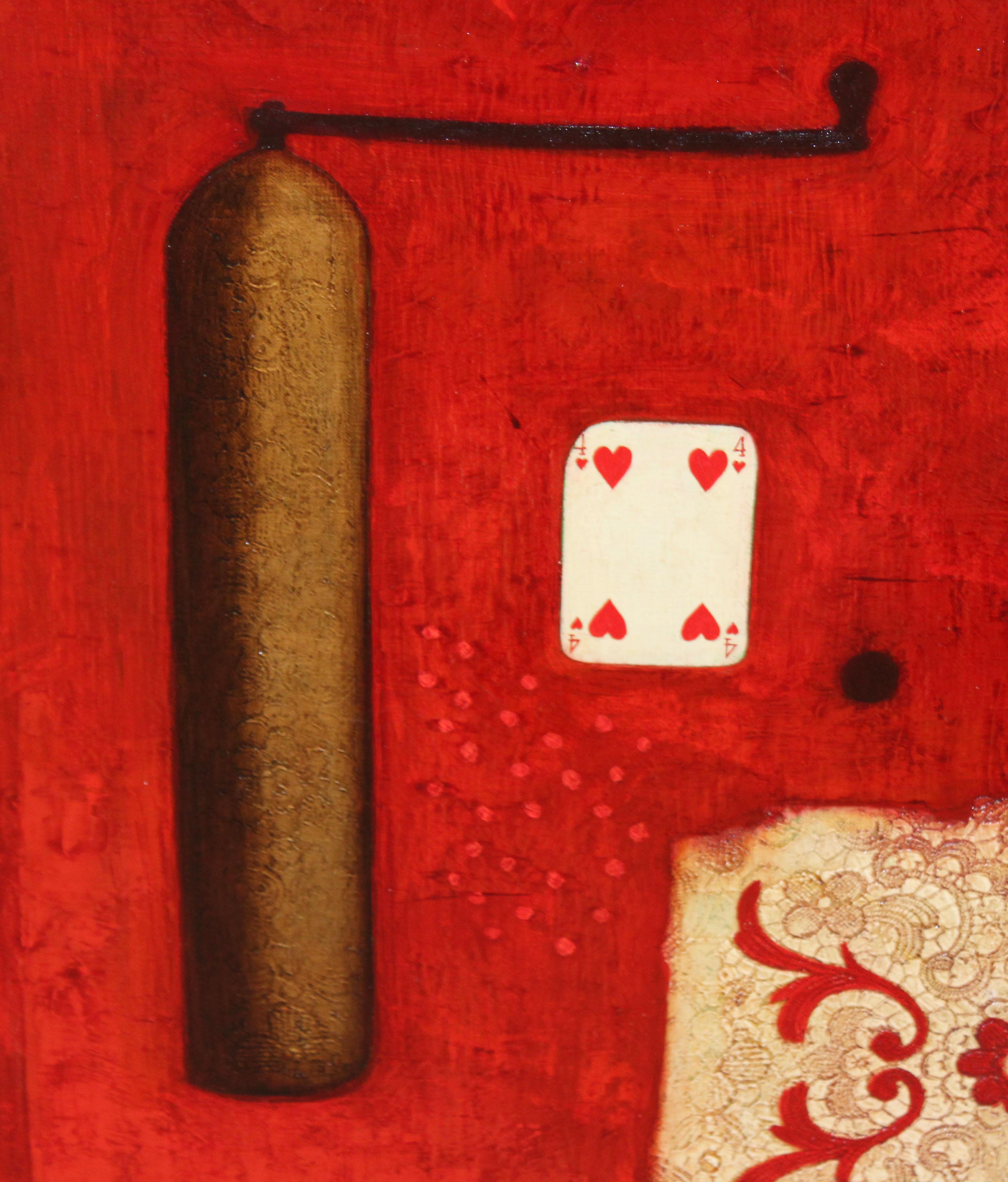 Óleo sobre tela - Composición - Año 1972 - Red Still-Life Painting by Rafael Illana