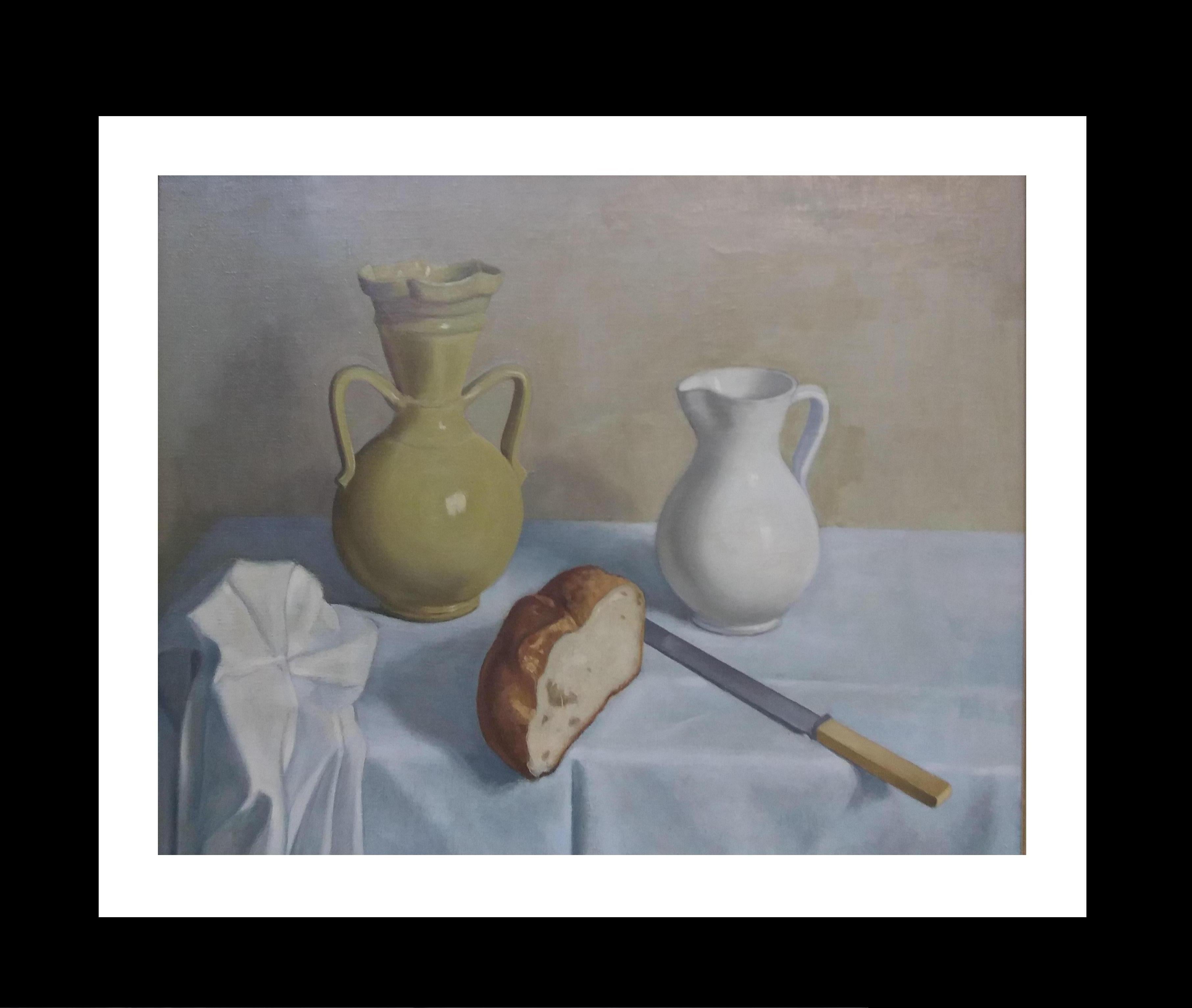 
. BREAD. JARS  original still life  acrylic painting. 
Illana, an artist trained in Barcelona and Paris, although heavily self-taught, reduces the forms in his paintings to essential elements, so he has been described as 'constructivist'. The
