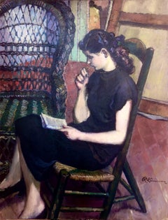Vintage girl reading oil on canvas painting