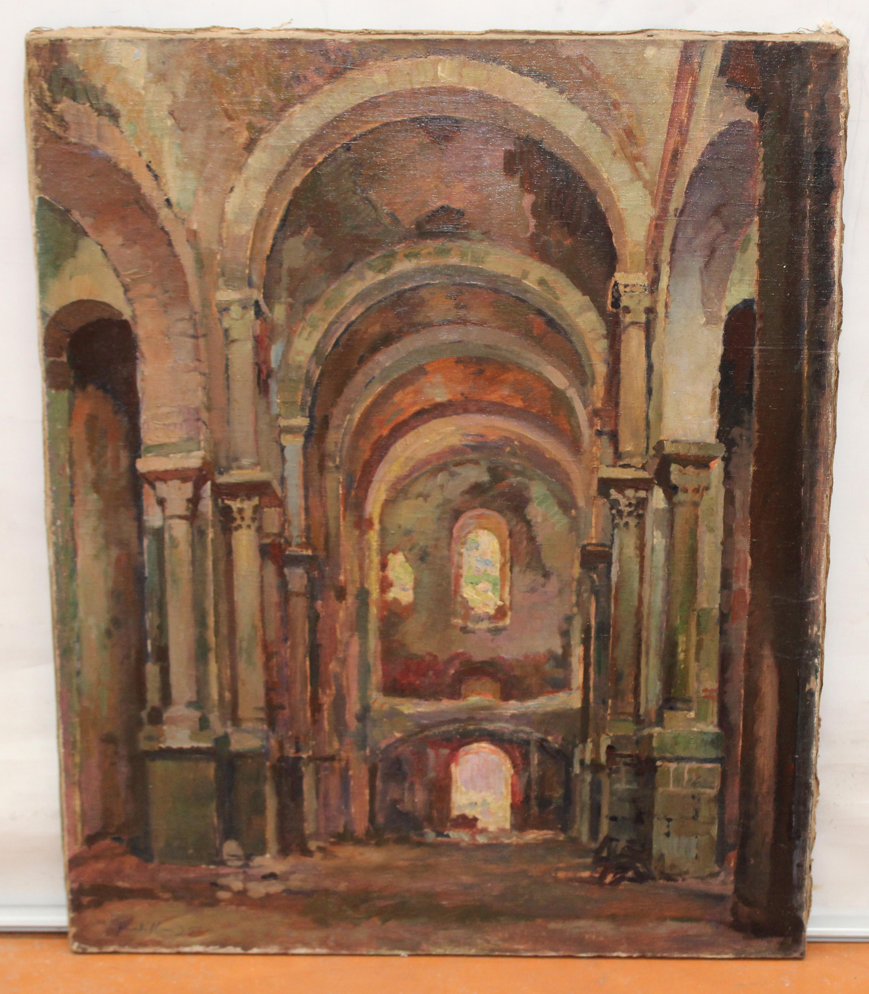 Óleo sobre tela - Interior de iglesia - Año 1935 - Painting by Rafael Martínez Padilla