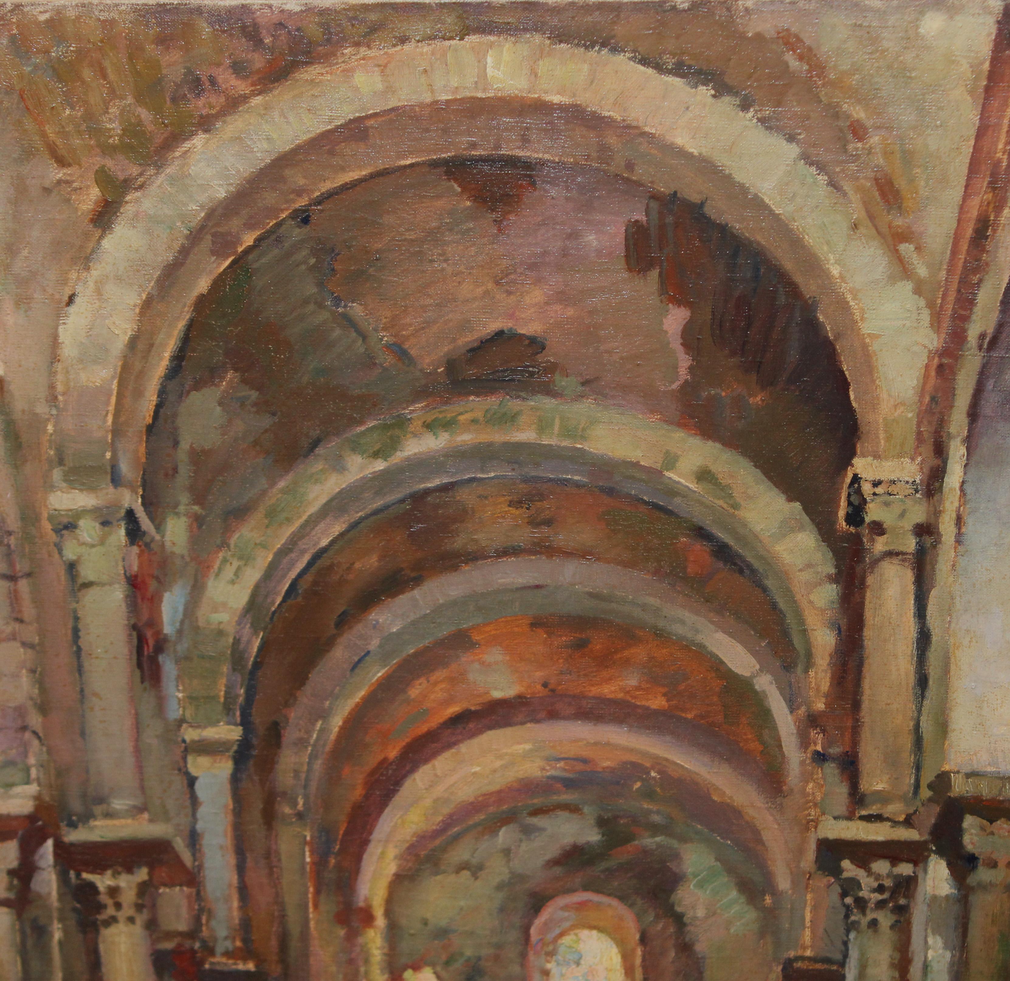 Óleo sobre tela - Interior de iglesia - Año 1935 - Post-Impressionist Painting by Rafael Martínez Padilla