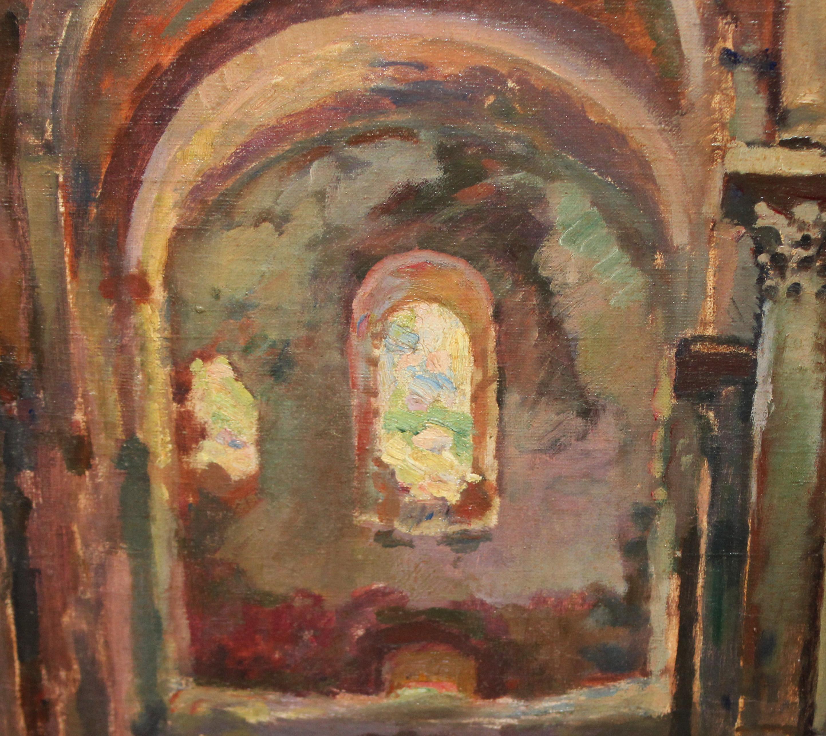 Óleo sobre tela - Interior de iglesia - Año 1935 - Brown Interior Painting by Rafael Martínez Padilla