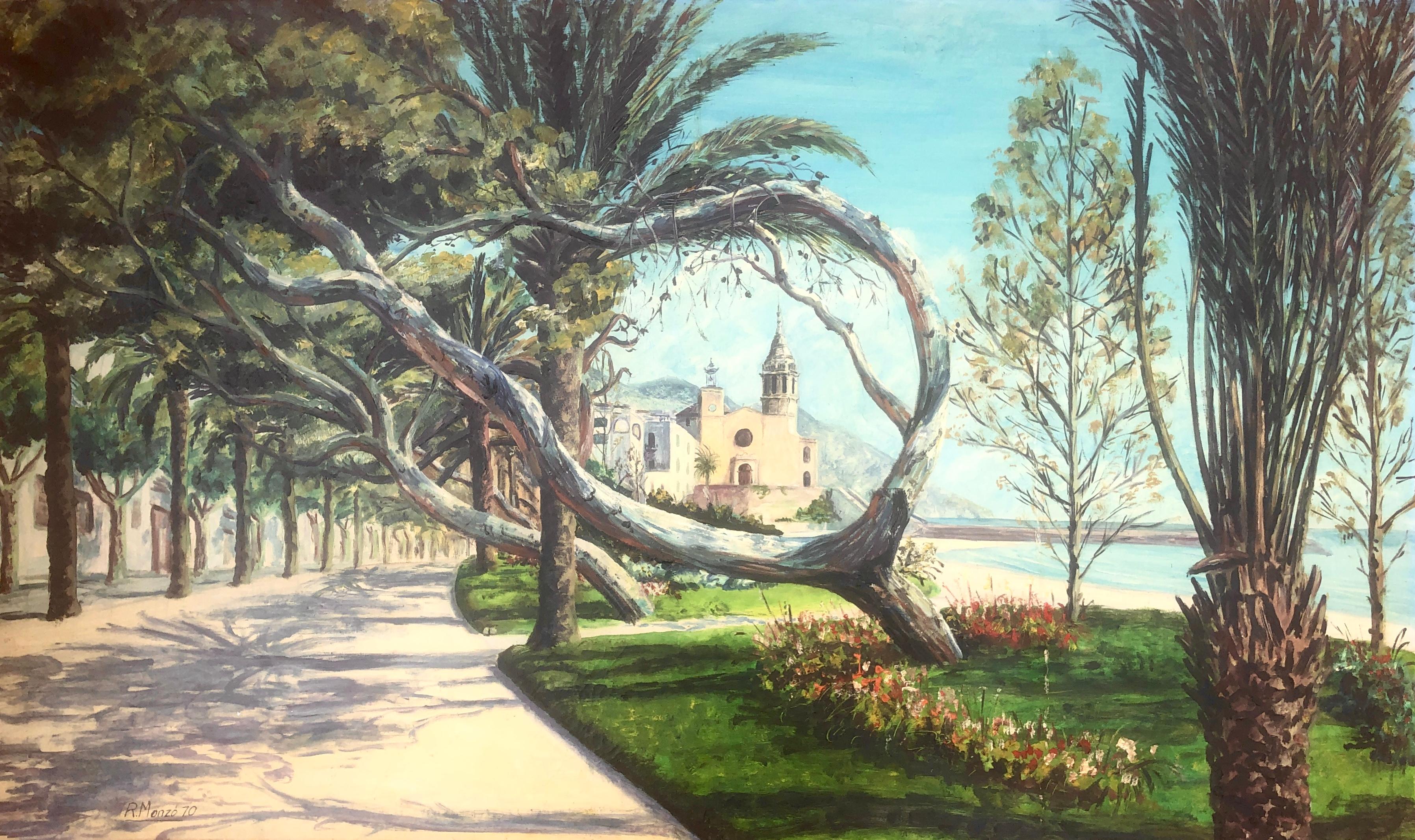Rafael Monzo Landscape Painting – Sitges, Spanien, Öl auf Leinwand, mediterrane Meereslandschaft, Stadtlandschaft