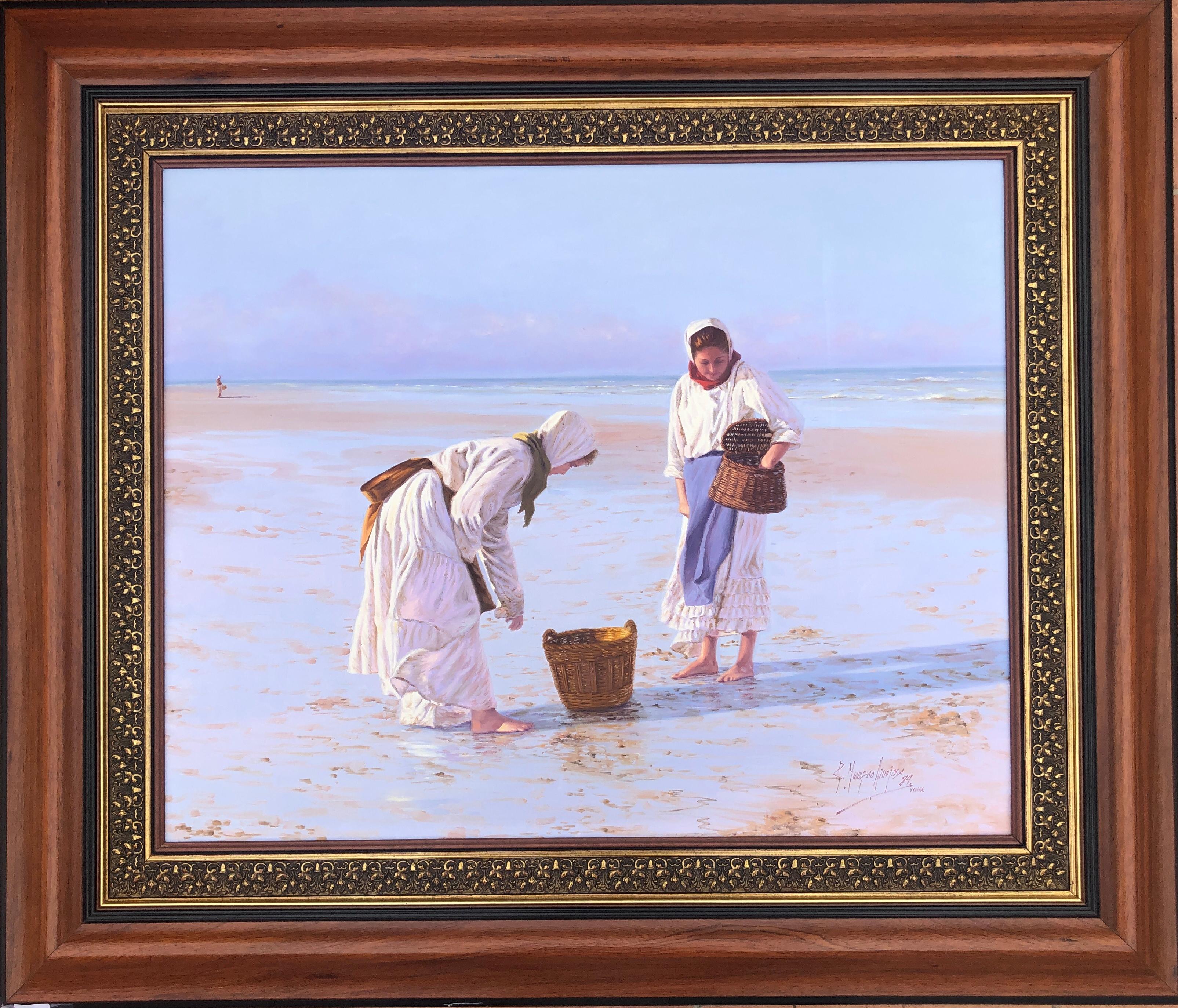 pêcheurs de coquillages femmes sur la plage Espagne paysage marin espagnol - Painting de Rafael Mumpao Hinojosa