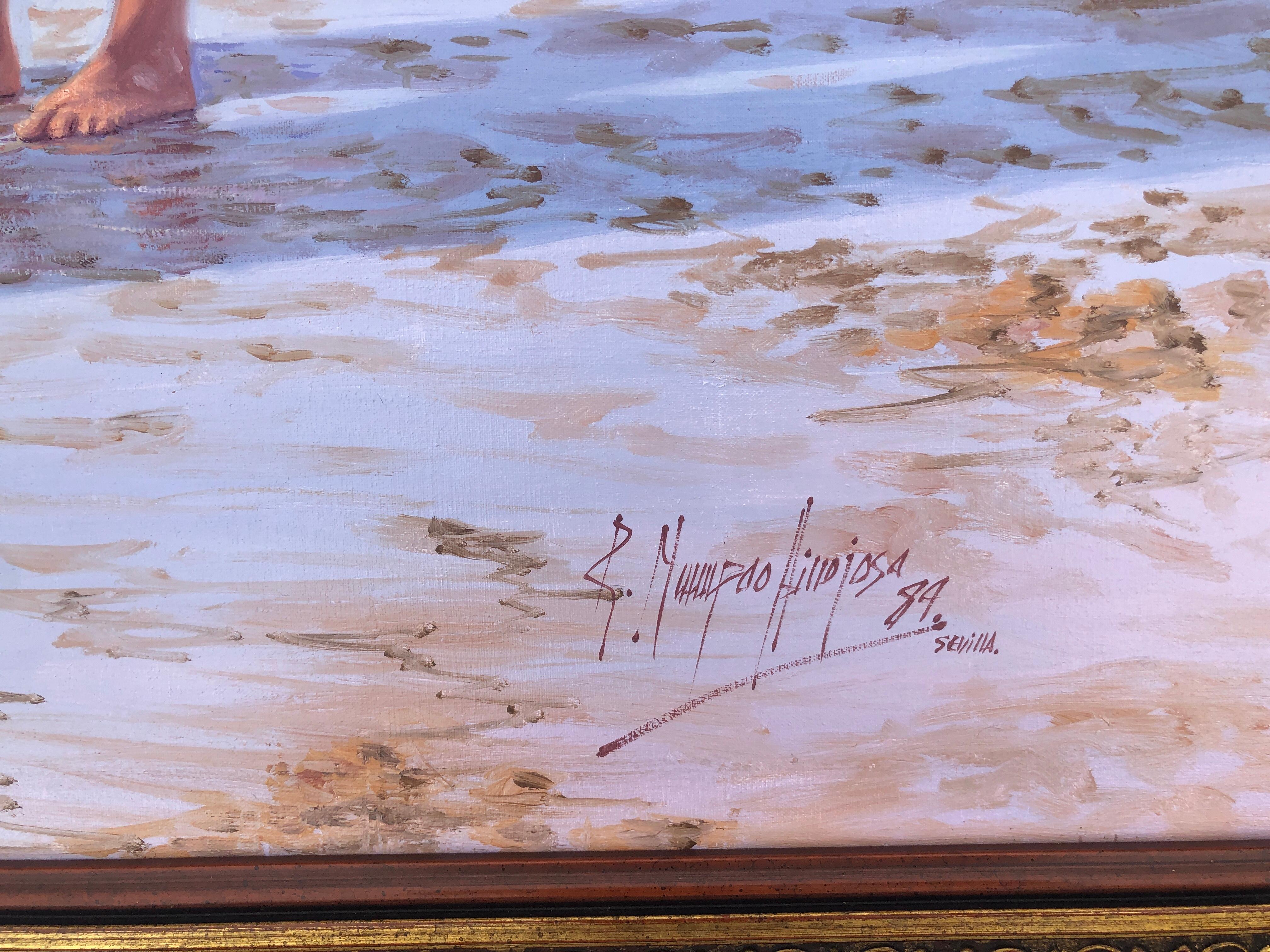 pêcheurs de coquillages femmes sur la plage Espagne paysage marin espagnol - Réalisme Painting par Rafael Mumpao Hinojosa