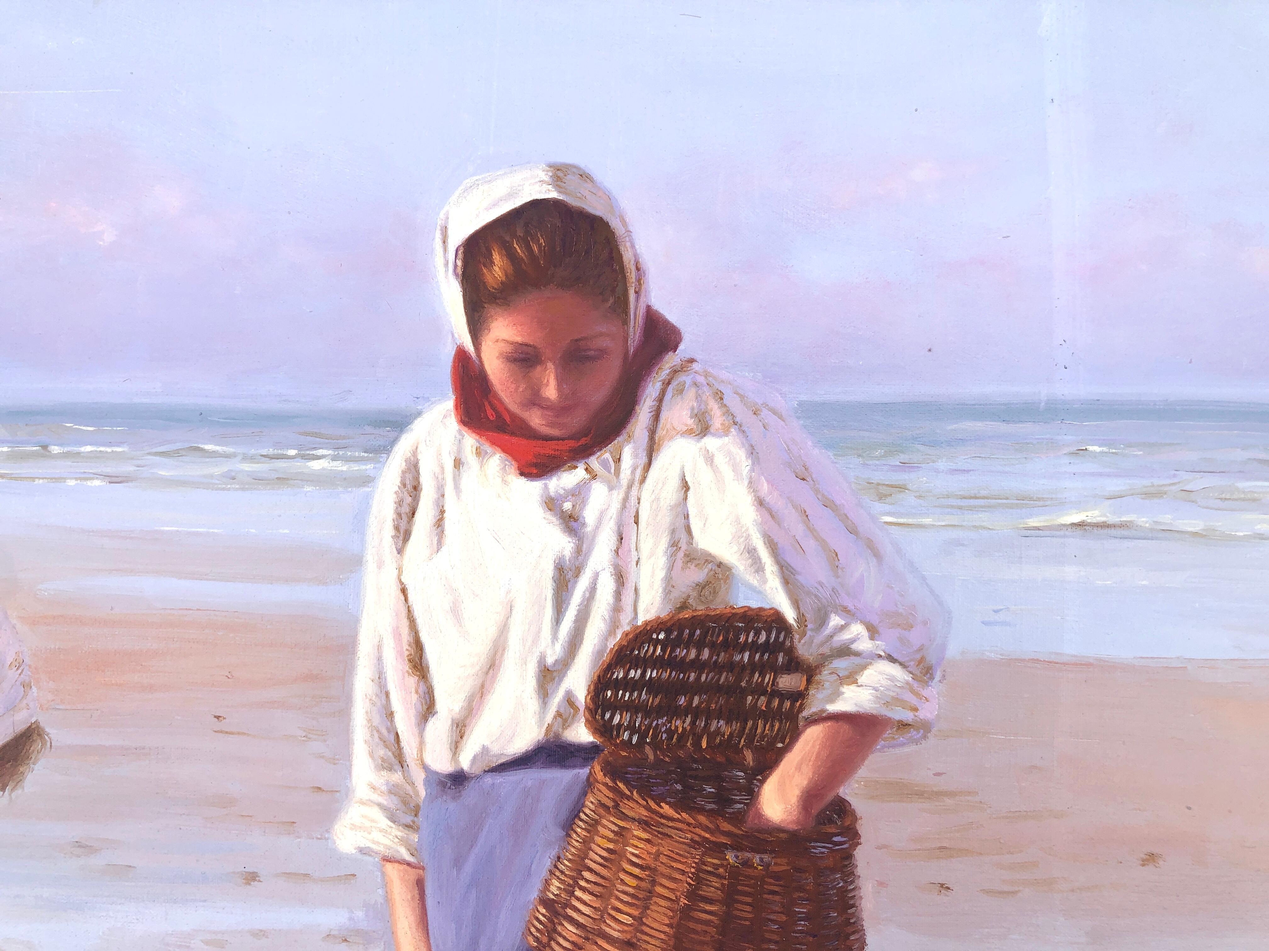 pêcheurs de coquillages femmes sur la plage Espagne paysage marin espagnol - Violet Figurative Painting par Rafael Mumpao Hinojosa