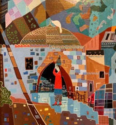 Jerusalem Street Scene Israeli Naive Folk Art Mother Daughter Oil Painting