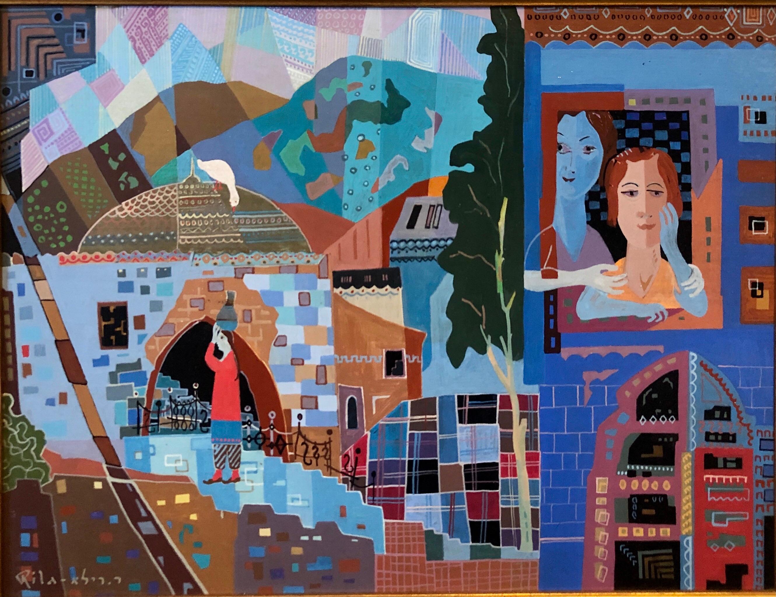 Jerusalem Street Scene Israeli Naive Folk Art Mother Daughter Oil Painting  2