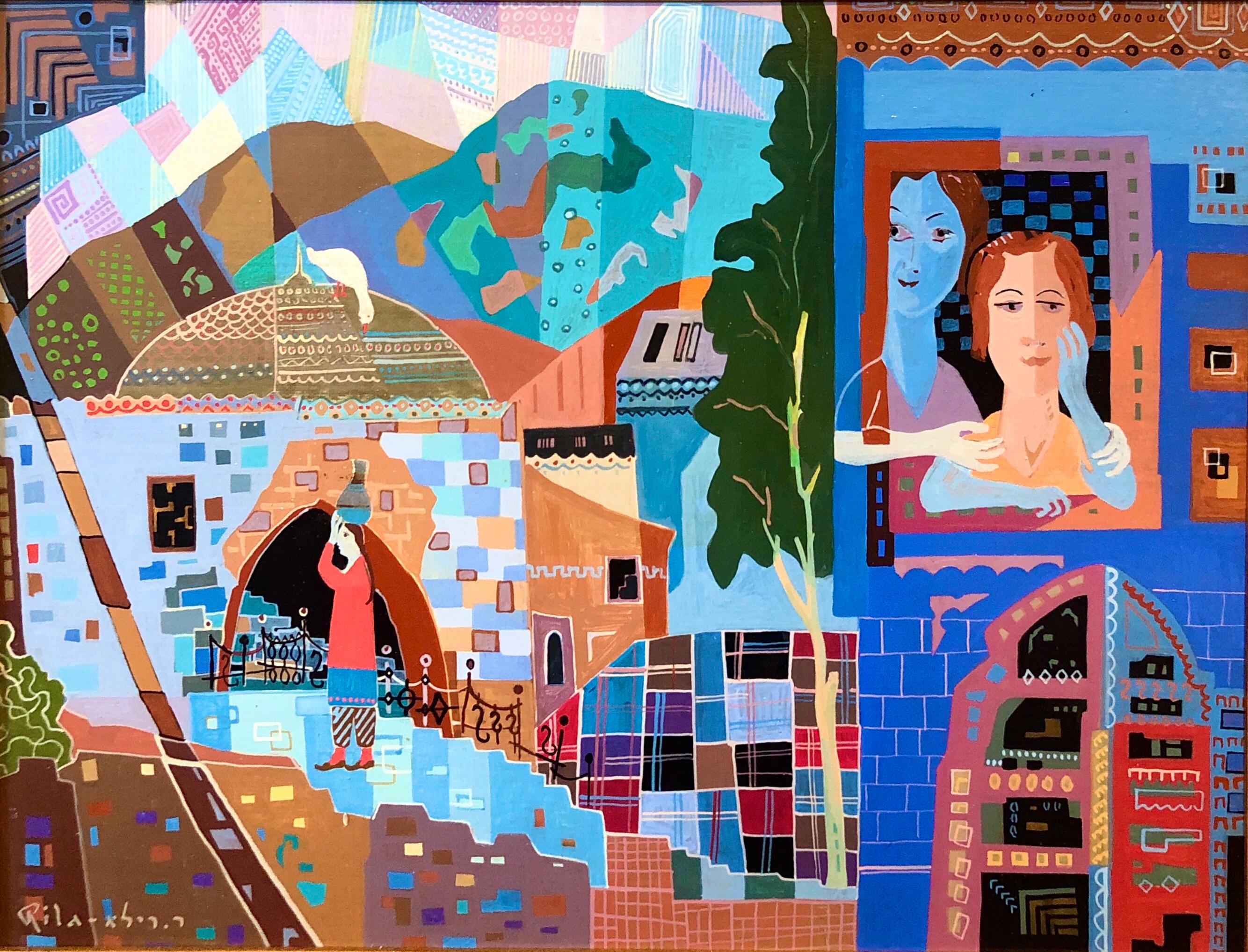 Rafael Rila Figurative Painting - Jerusalem Street Scene Israeli Naive Folk Art Mother Daughter Oil Painting 