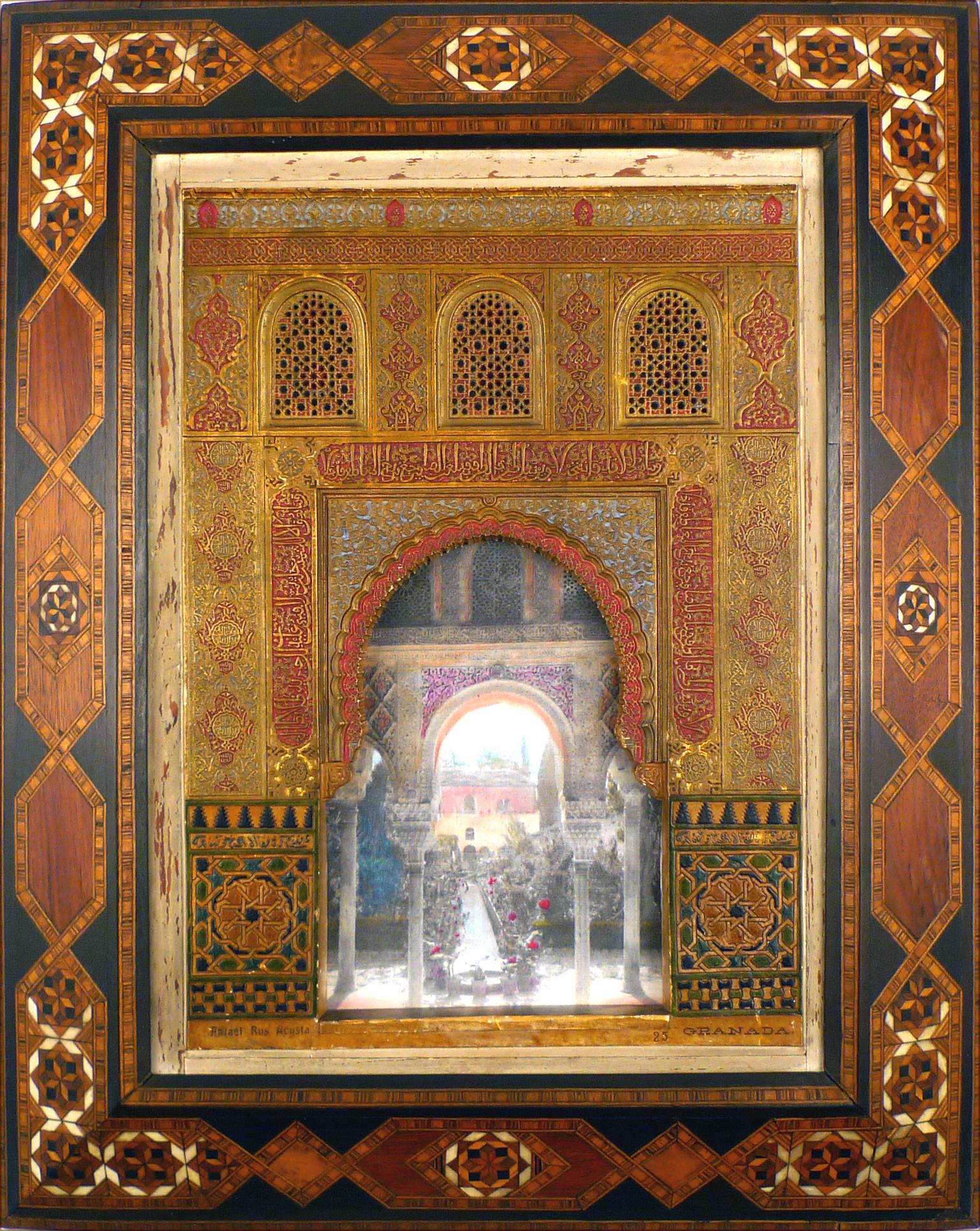 "Alhambra Facade Model", Early 20th Century Polychromed Stucco Plaque by R. Rus 