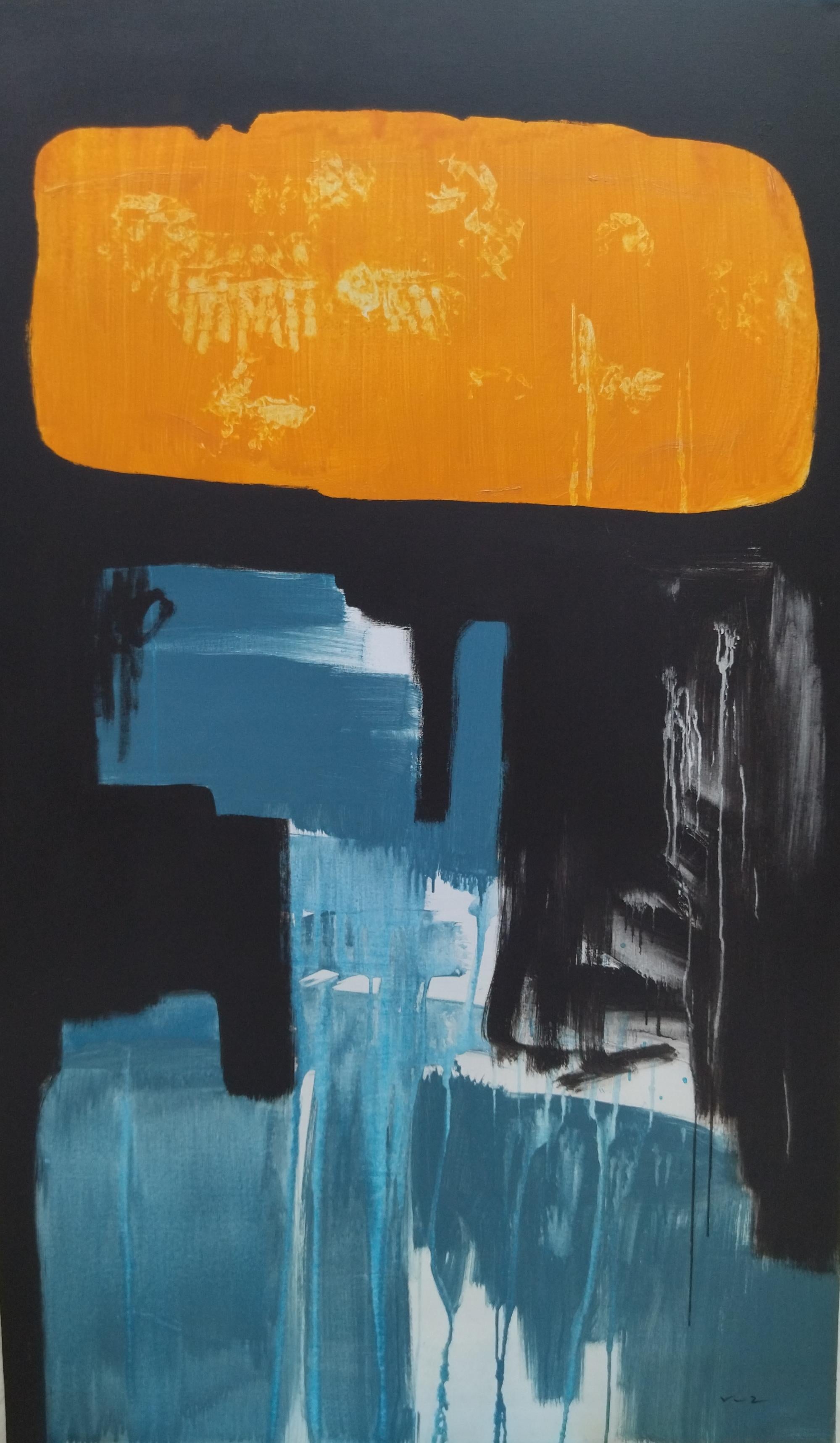 RAFAEL RUZ Abstract Painting - Ruz 16 Black  Golden   Yellow  Blue   original abstract canvas acrylic painting