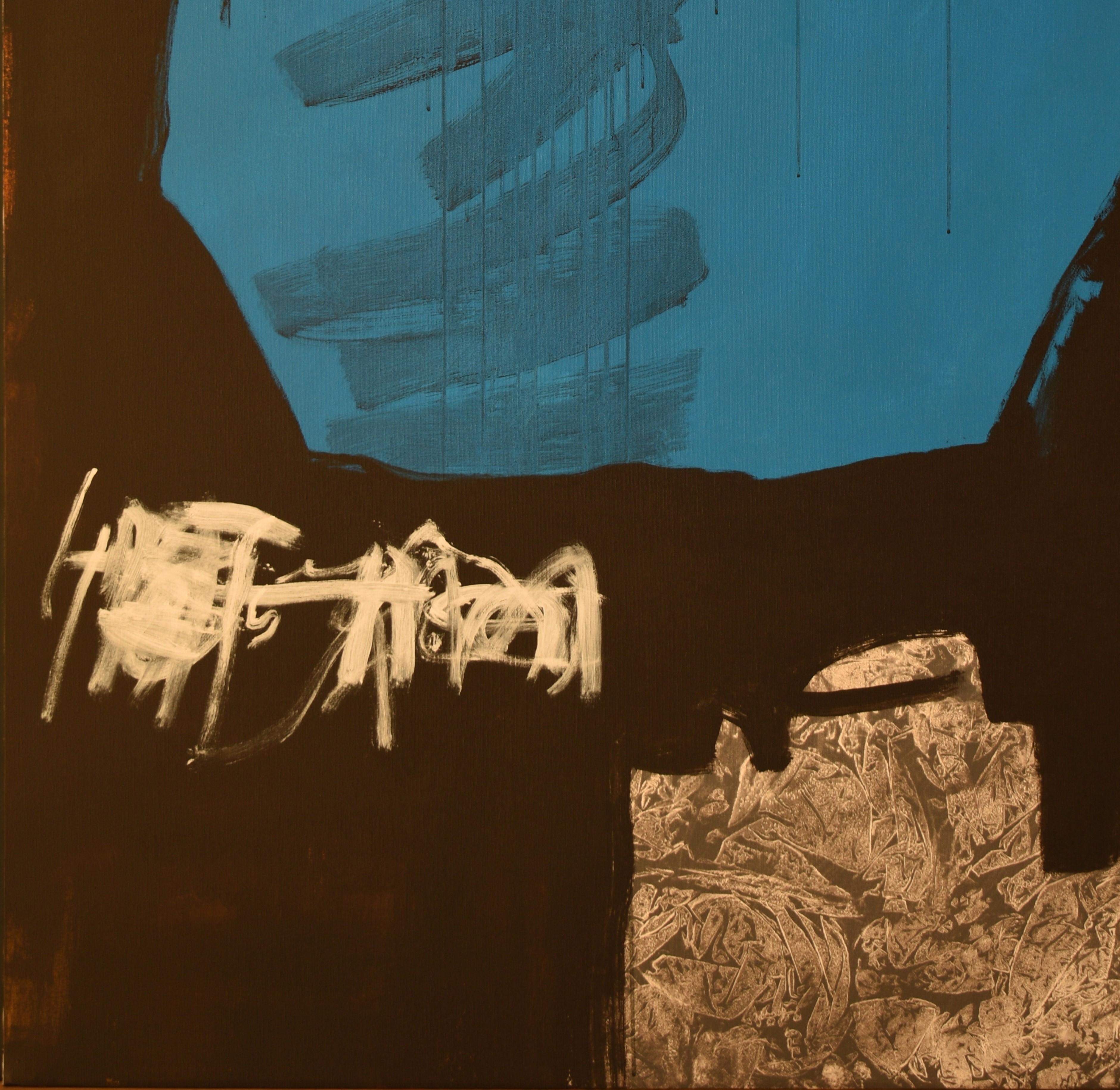 Ruz 18.1  Noir  Bigli  Vertical  Bleu  Danza - Acrylique abstraite  Peinture sur toile - Abstrait Painting par RAFAEL RUZ