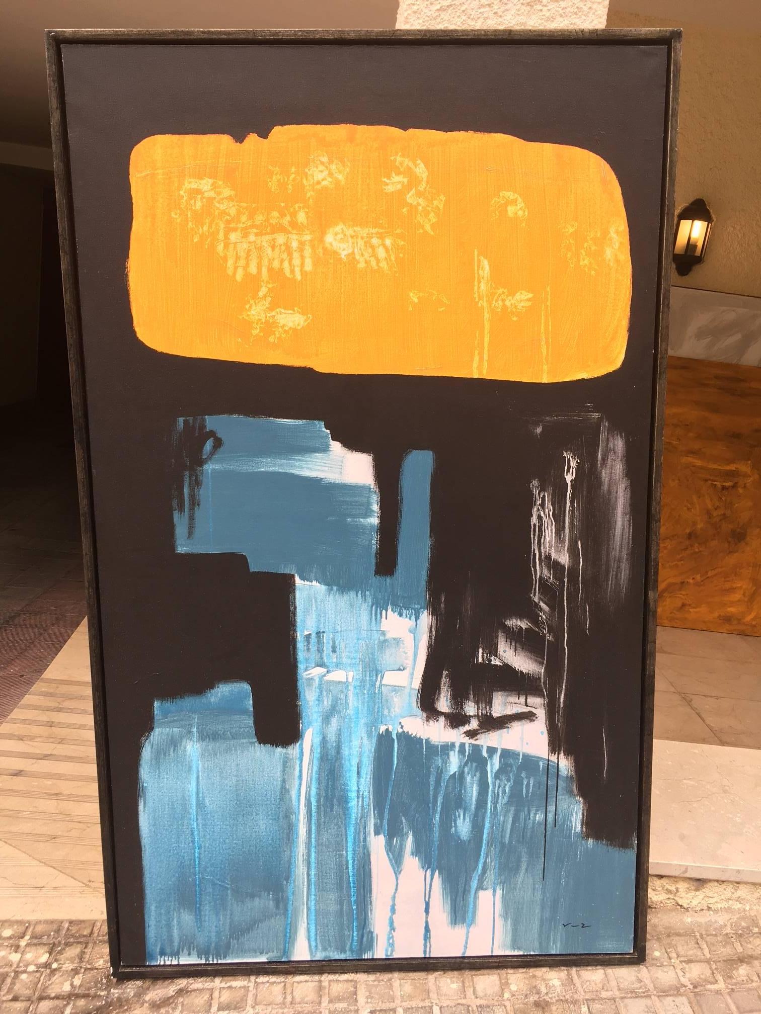 Ruz Nero  Oro   Giallo  Blu   pittura acrilica astratta originale su tela - Painting di RAFAEL RUZ