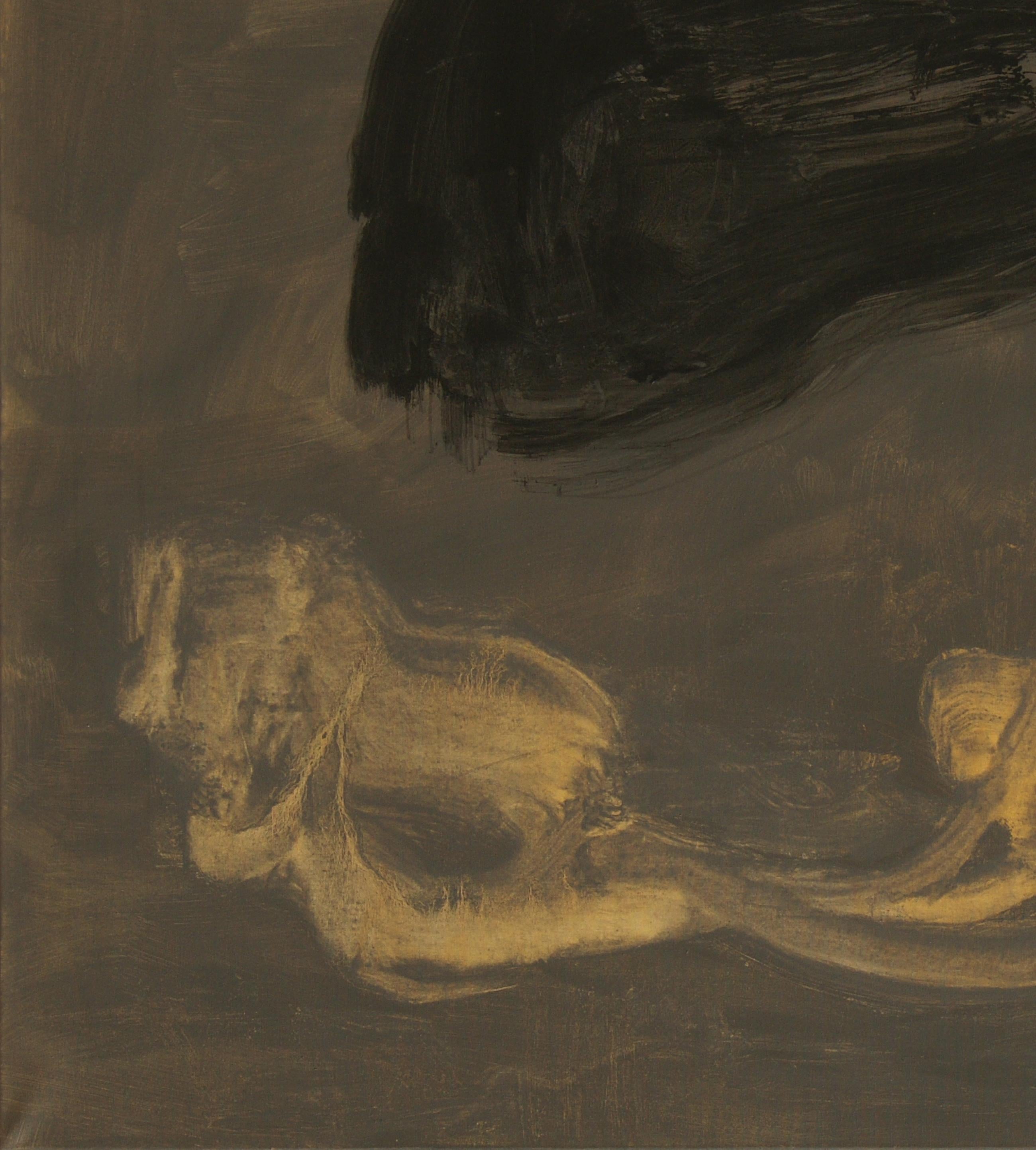 Ruz  Grande. Nero  Marrone  dipinto su tela acrilica dorata - Painting di RAFAEL RUZ