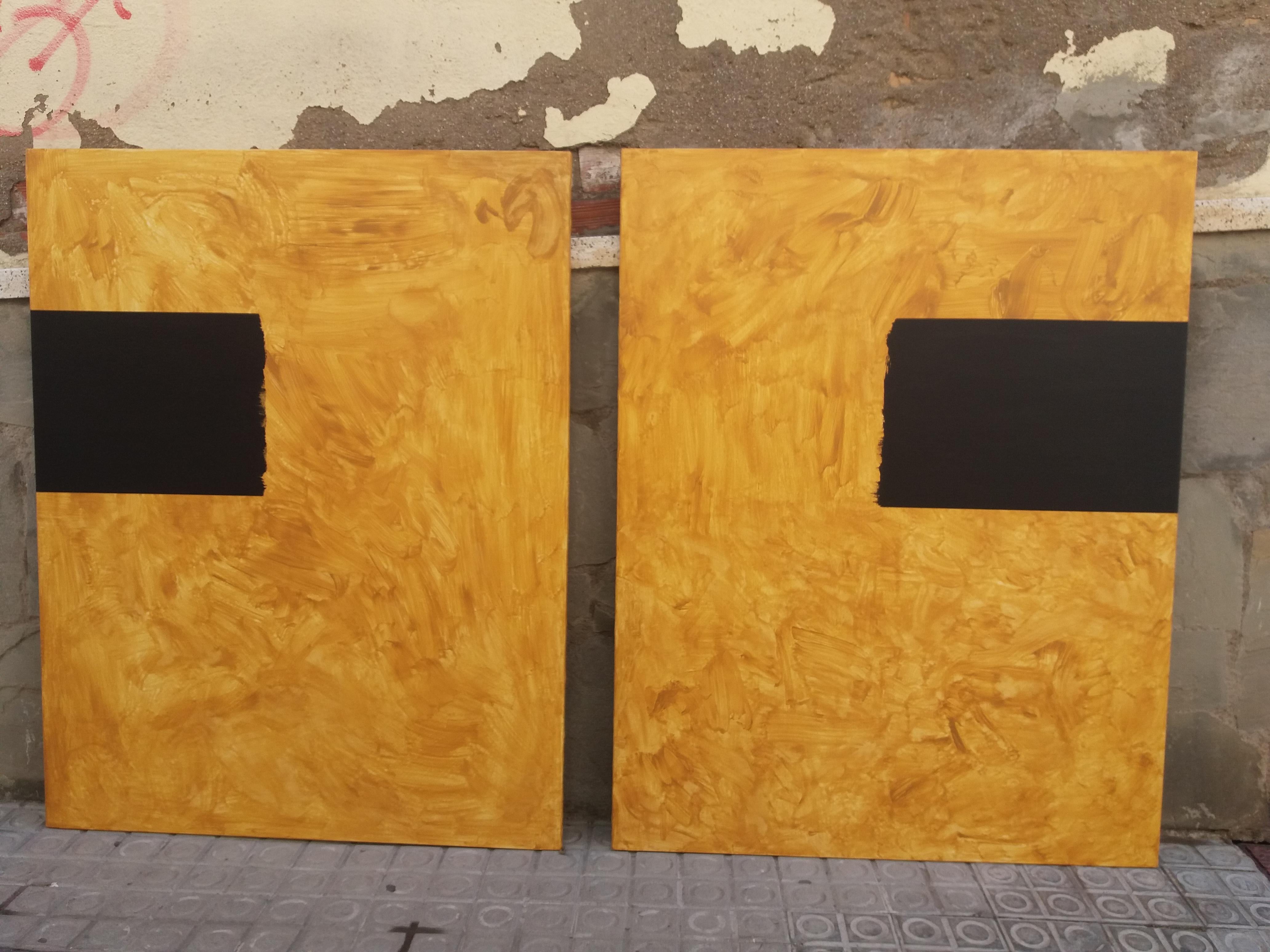 Ruz 7  Bigli  Diptyque  Jaune d'or et noir   acrylique sur toile, abstrait. - Painting de RAFAEL RUZ