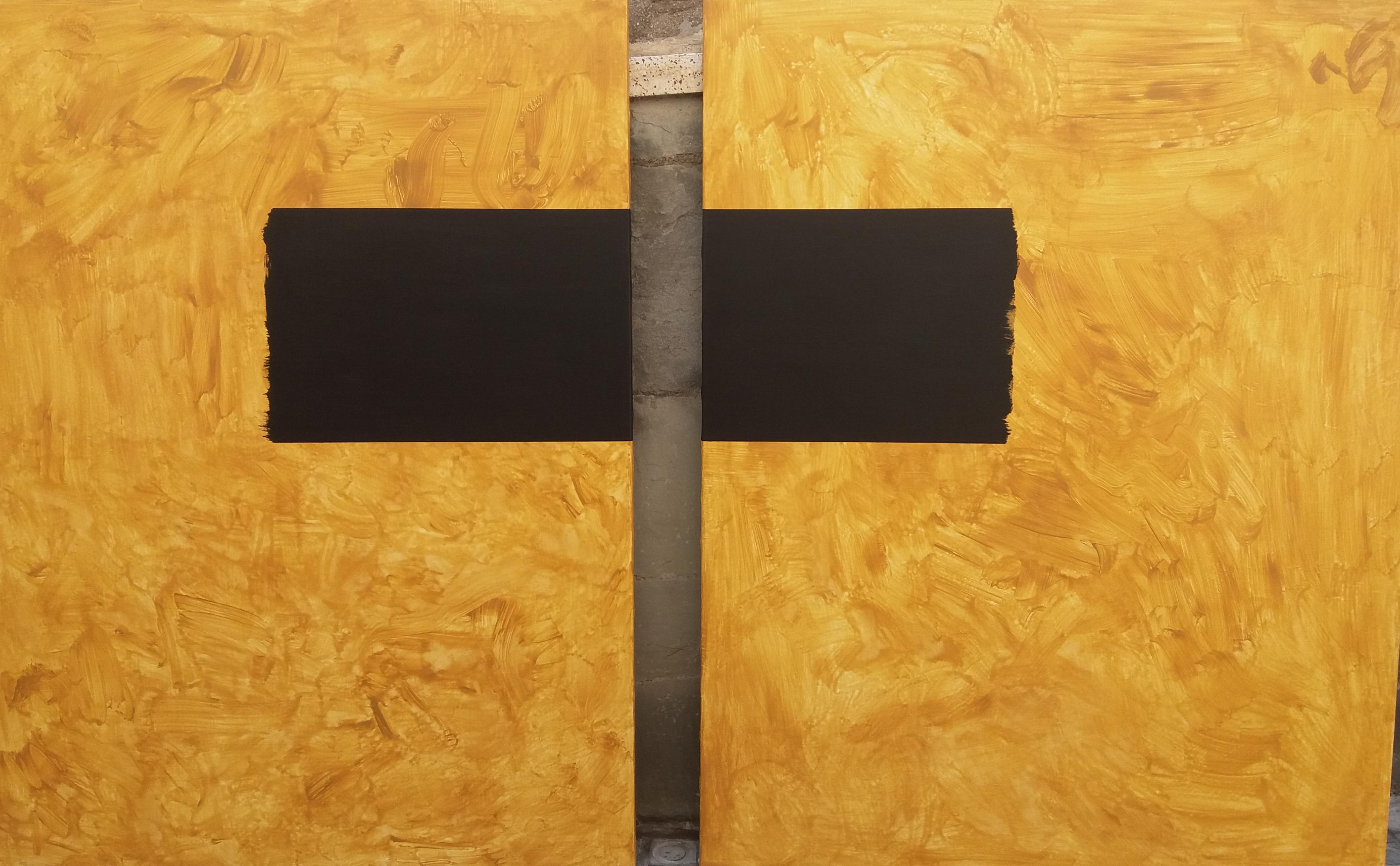 Ruz 7  Bigli  Diptyque  Jaune d'or et noir   acrylique sur toile, abstrait. - Abstrait Painting par RAFAEL RUZ
