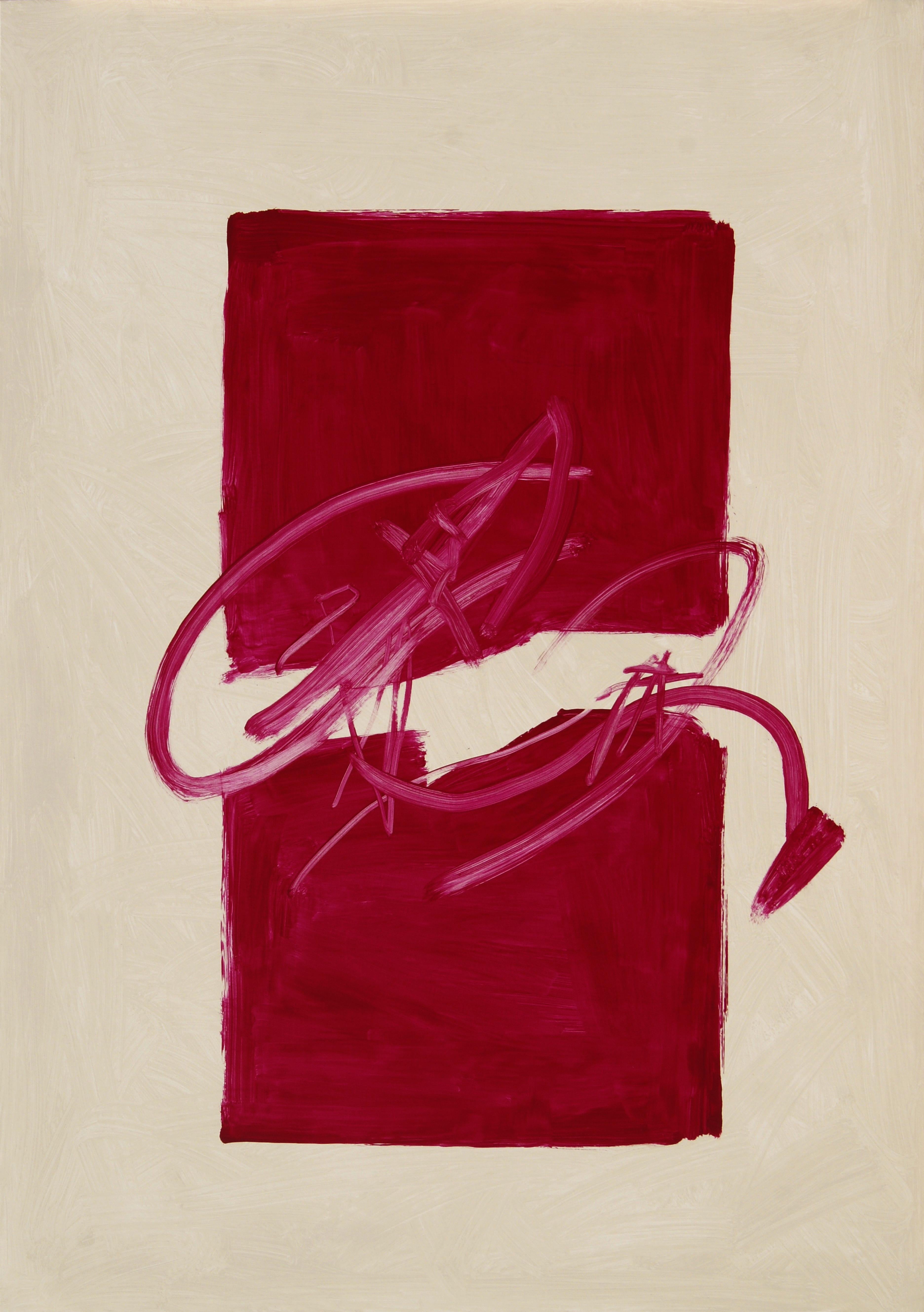 RAFAEL RUZ Abstract Painting – Ruz 77 Licht Hintergrund  Rot  Senkrecht  Großes abstraktes Gemälde in Acryl auf Leinwand